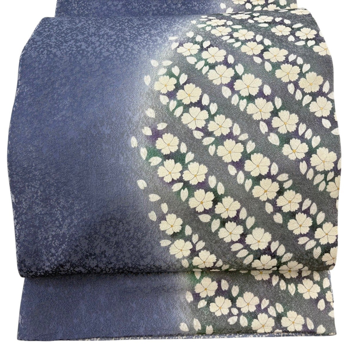 袋帯 逸品 菅有鬼一 落款あり 花 花びら 銀糸 青紫 六通 正絹｜中古