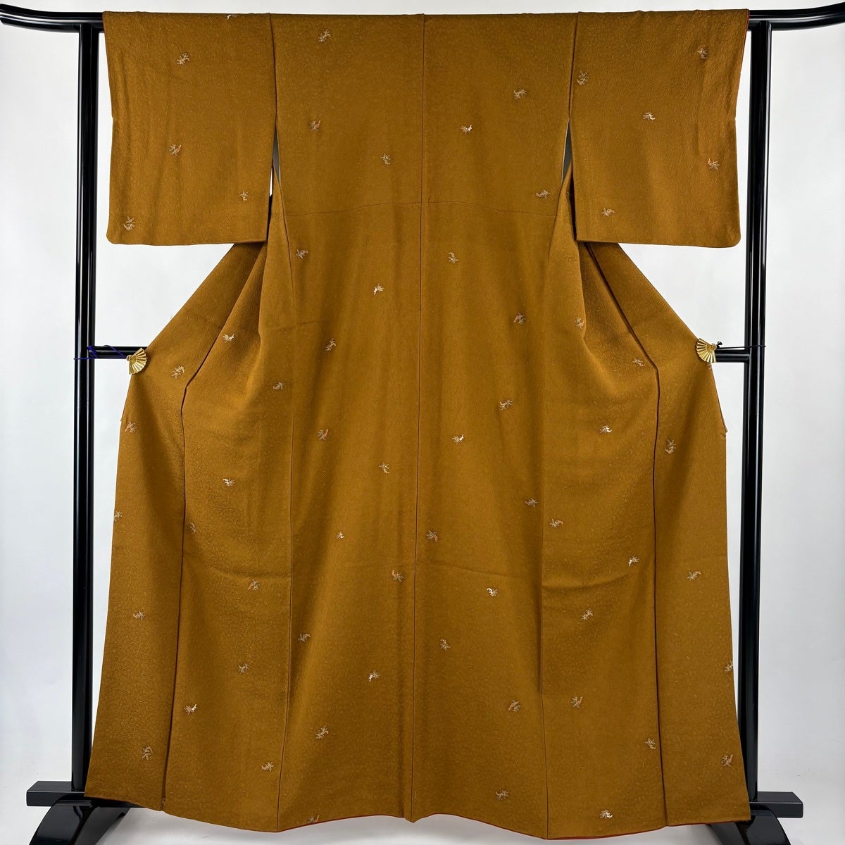 小紋 身丈161cm 裄丈61.5cm S 袷 地紋 葉と実 金彩 山吹茶色 正絹 秀品