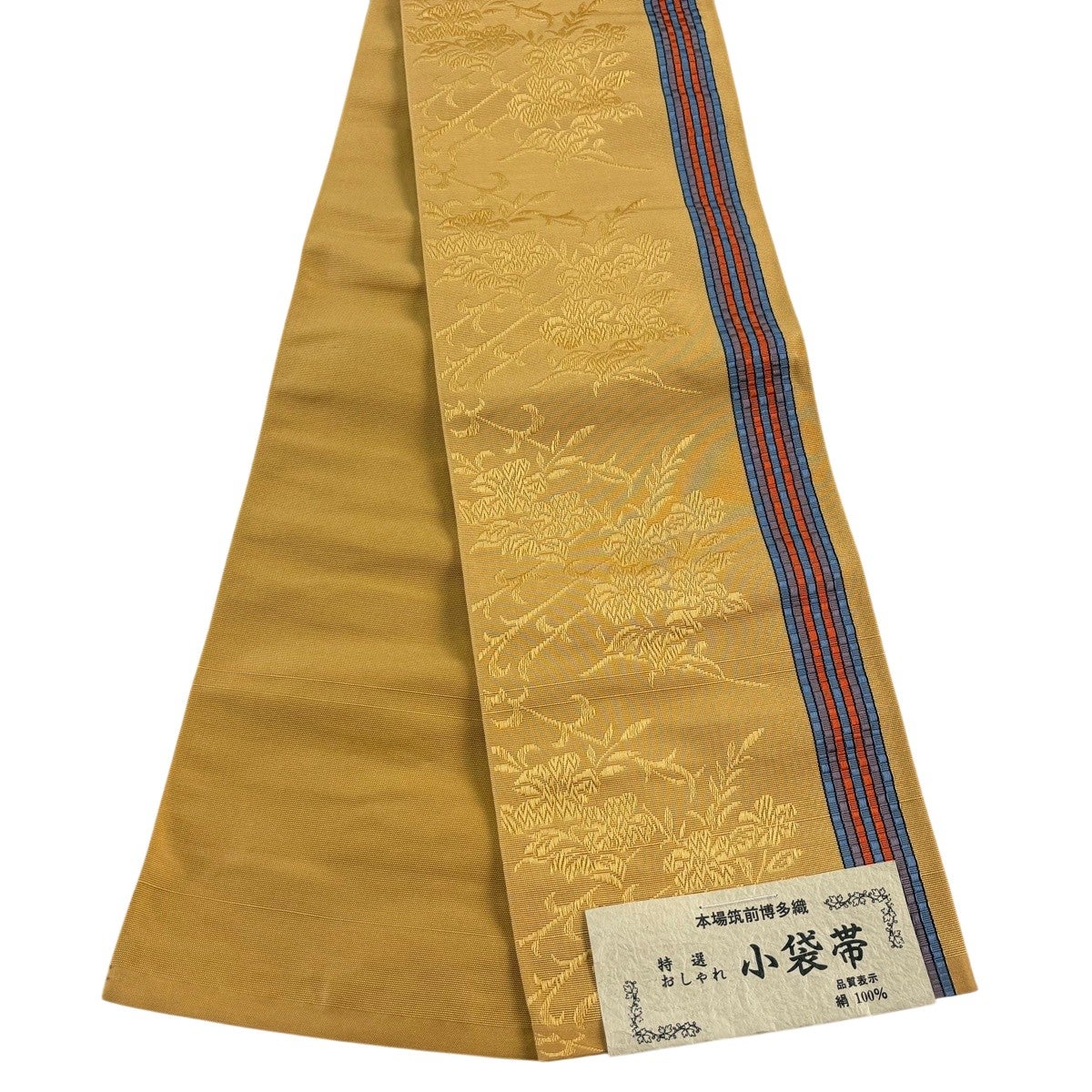 美品】半幅帯 秀品 博多織 証紙有 草花 縞 山吹茶色 正絹｜中古・古着