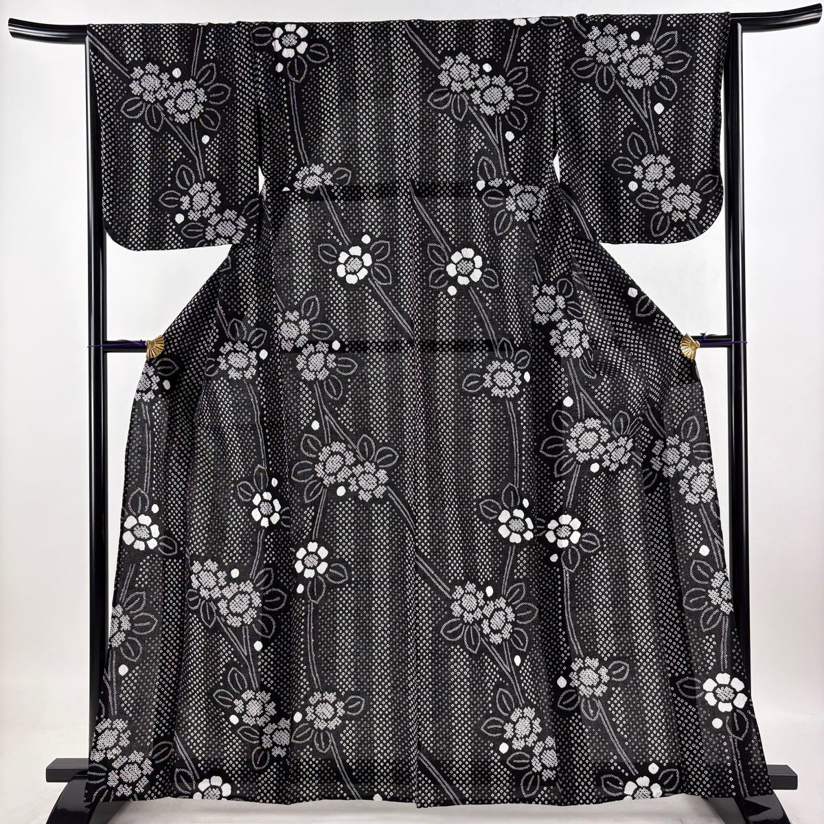美品】 浴衣 身丈163.5cm 裄丈65cm M 絞り浴衣 半幅帯セット 草花 縦縞