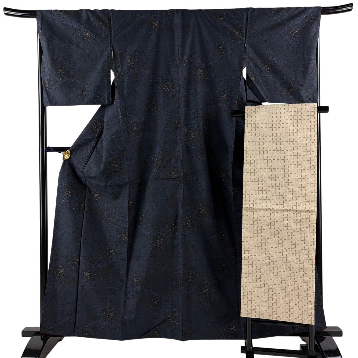 美品】大島紬 身丈166cm 裄丈66.5cm M 袷 証紙あり 格子 山吹茶色 正絹 