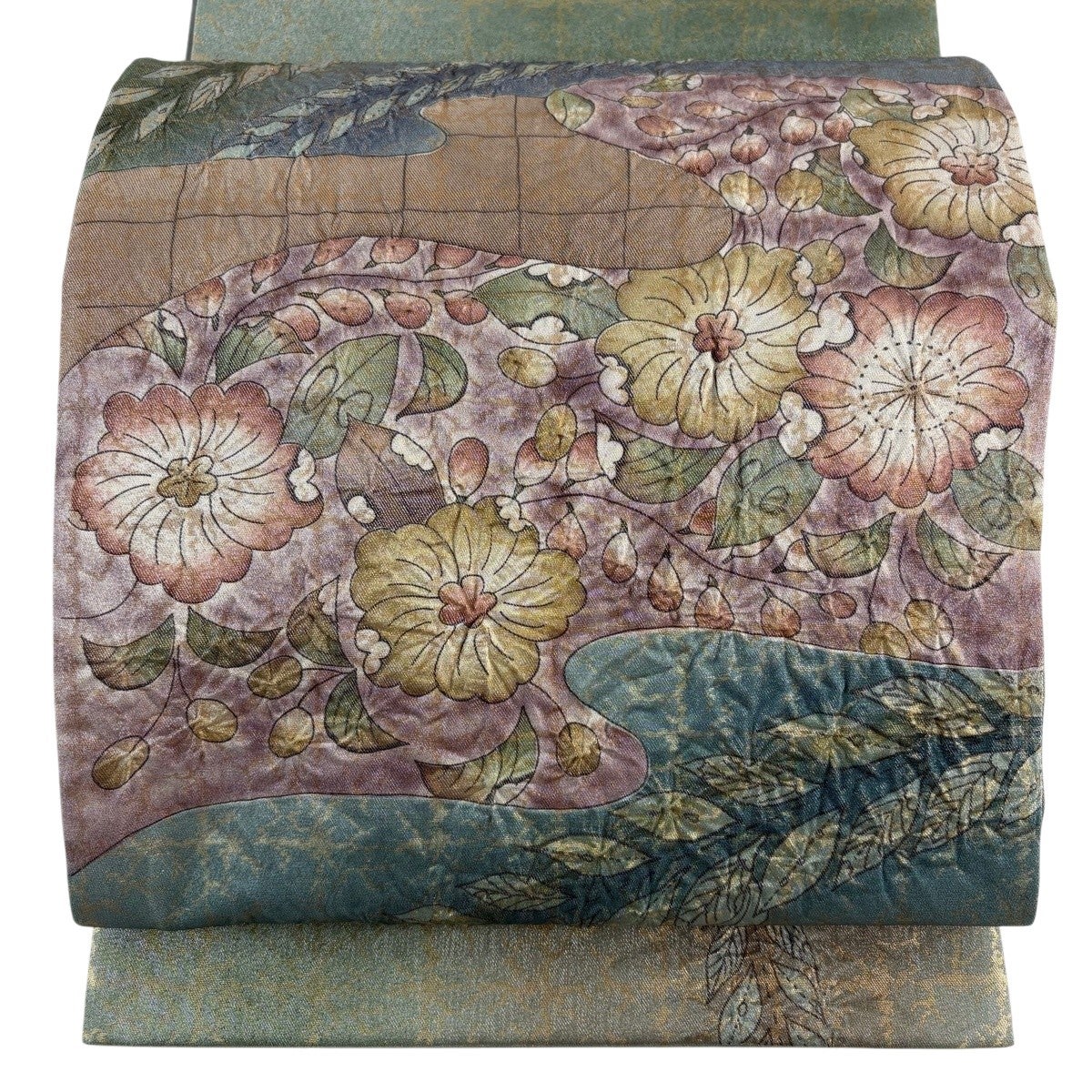 美品】 袋帯 名品 辻が花 霞 箔 緑 お太鼓柄 正絹｜中古・古着