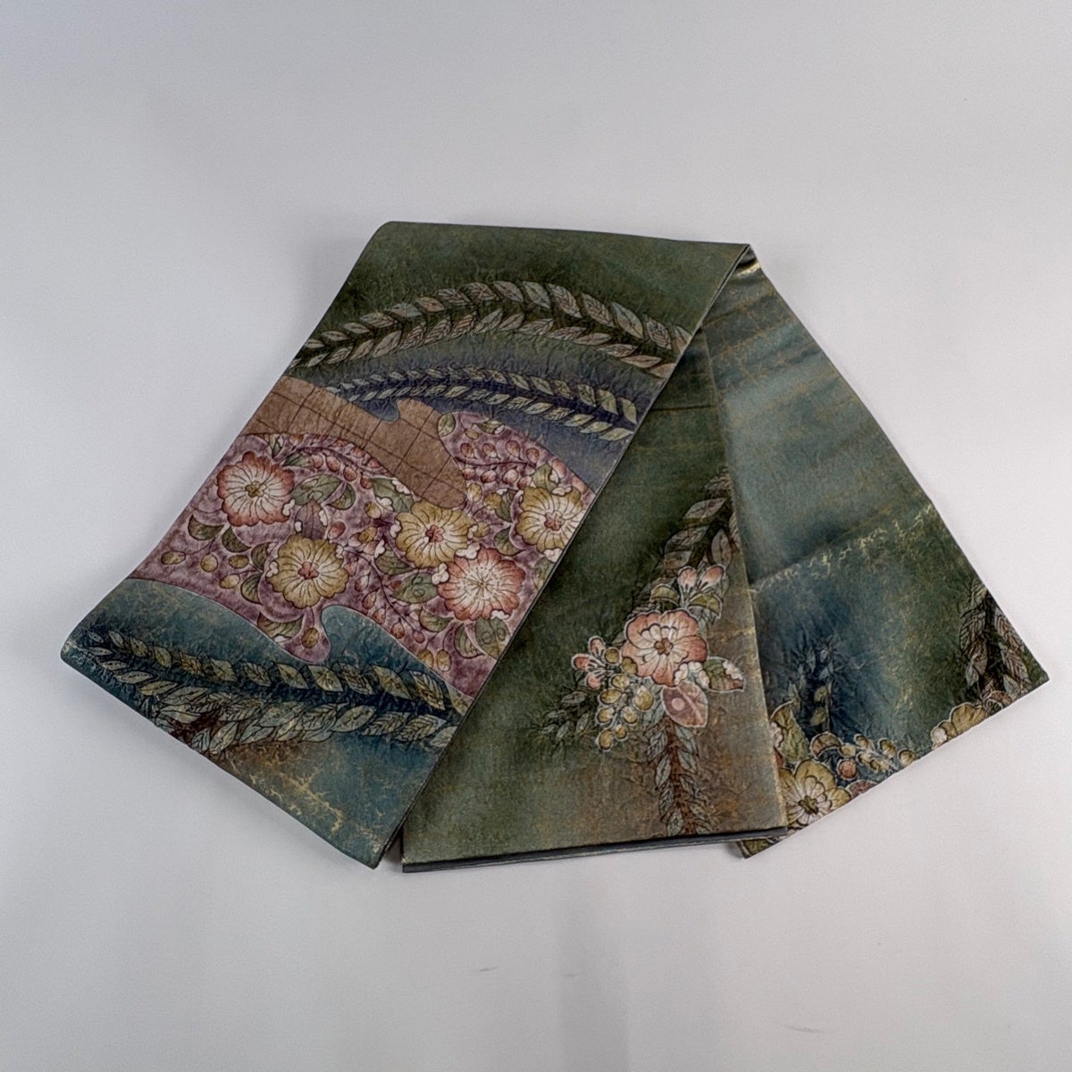 美品】 袋帯 名品 辻が花 霞 箔 緑 お太鼓柄 正絹｜中古・古着