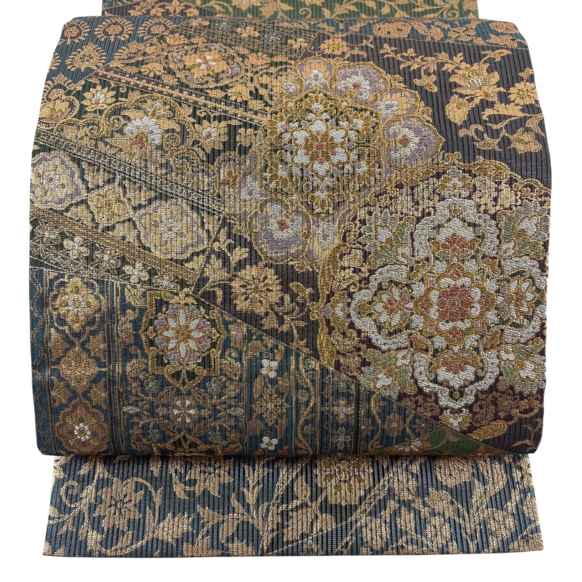 美品】 袋帯 名品 華文 草花 金銀糸 箔 灰緑 全通 正絹｜中古・古着