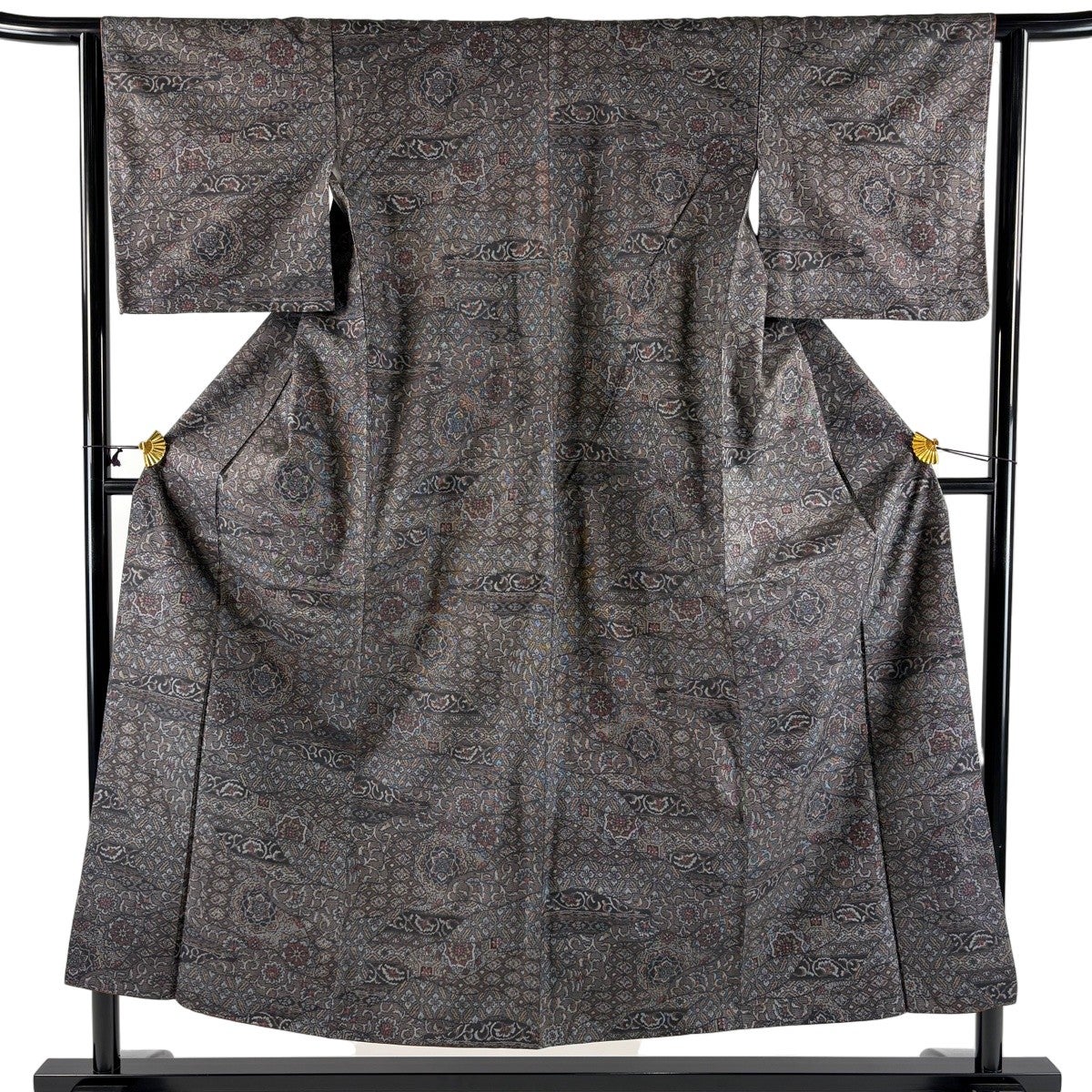 美品】 紬 身丈167cm 裄丈65.5cm M 袷 華文 亀甲 焦茶色 正絹 秀品
