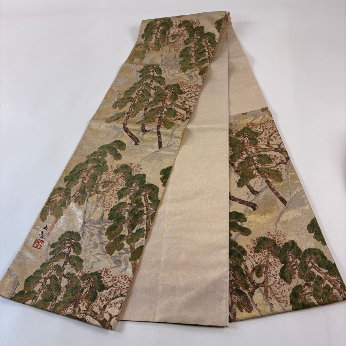 美品】 袋帯 名品 じゅらく 落款あり 横山大観 樹木 箔 金糸 金色 六通