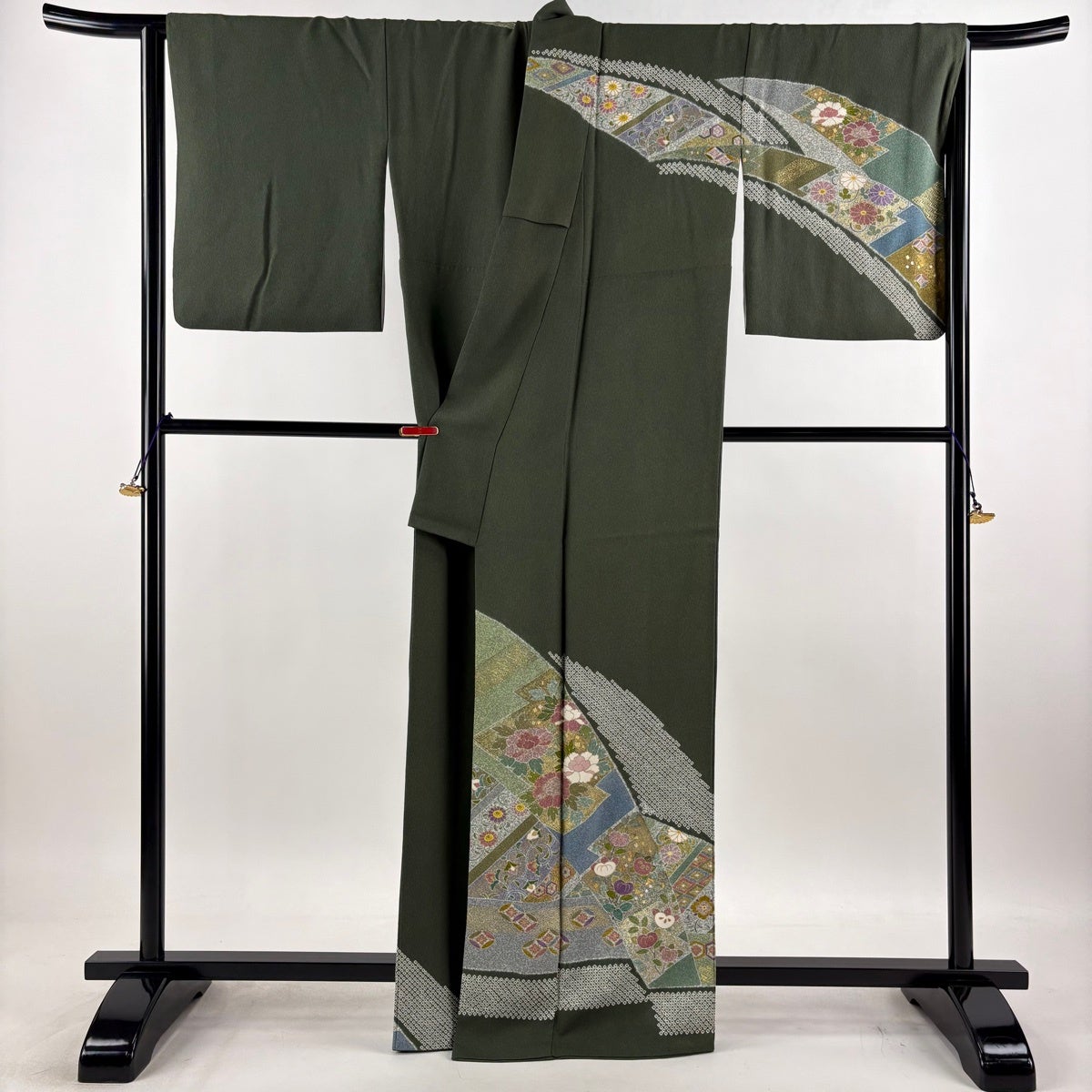 訪問着 身丈164cm 裄丈67.5cm L 袷 松井青々 落款あり 牡丹 橘花 金銀