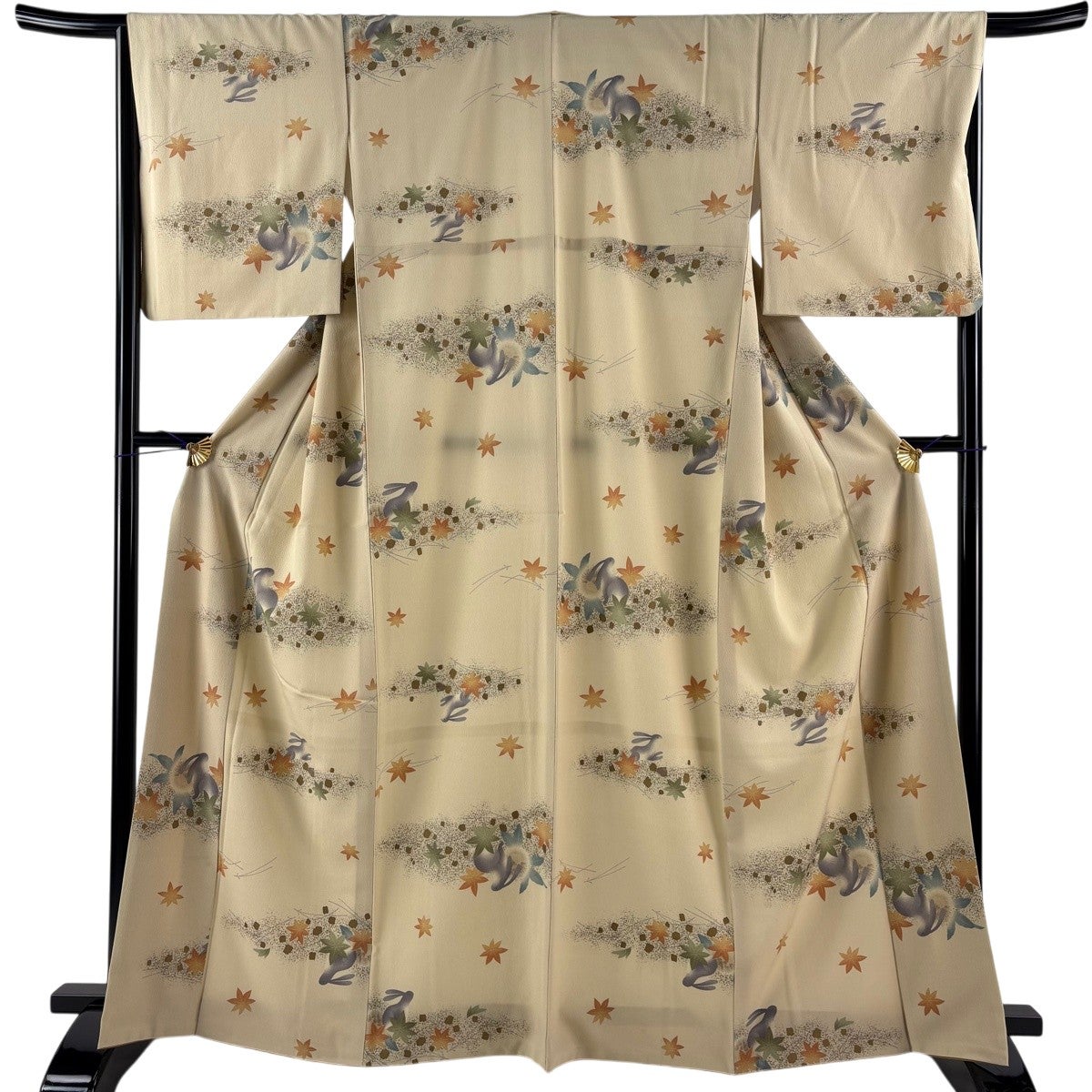 美品】 小紋 身丈168cm 裄丈66cm M 袷 洗える着物 桜 縦縞 墨色 化繊