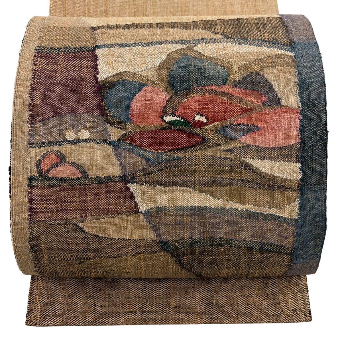 美品】 名古屋帯 優品 八寸名古屋帯 トンネル仕立て 紬地 草花 幾何学