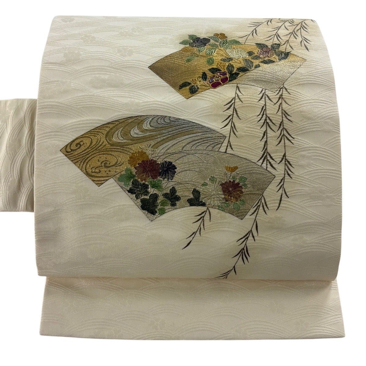 名古屋帯 優品 扇面 枝花 螺鈿 金銀彩 クリーム 正絹｜中古・古着