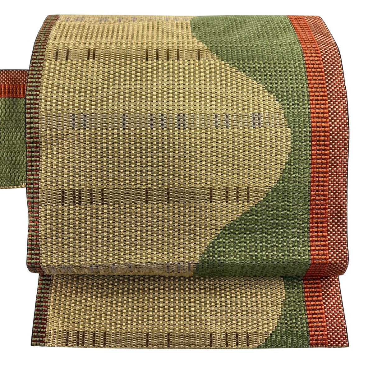 美品】 名古屋帯 優品 八寸名古屋帯 縞 幾何学模様 薄茶色 正絹｜中古