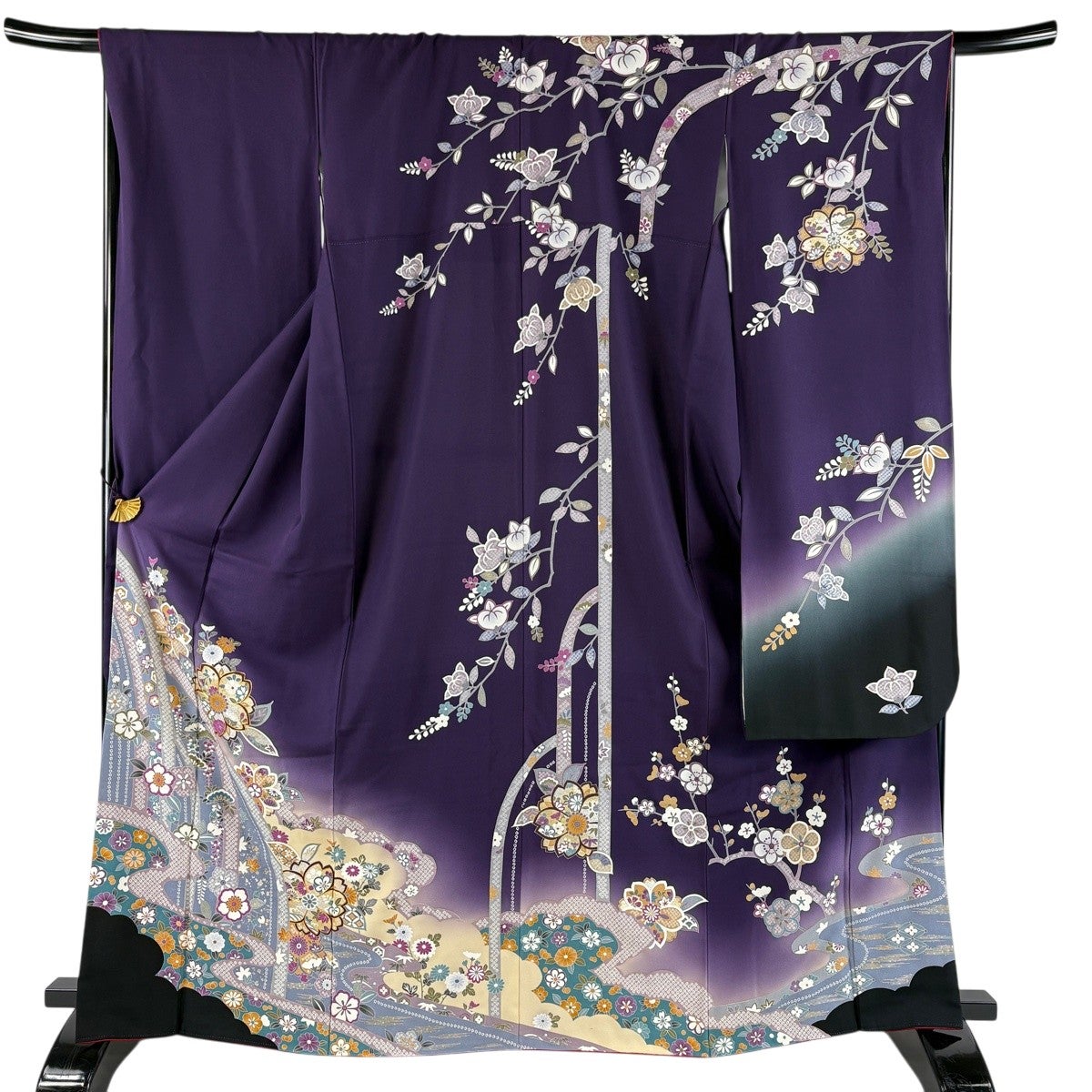 振袖フルセット6点サイズM〜Ｌ笠松文　金銀彩　正絹 美品】 振袖 身丈167cm 裄丈67cm M 袷 桜 松梅 金糸 金銀彩 濃紫 正絹