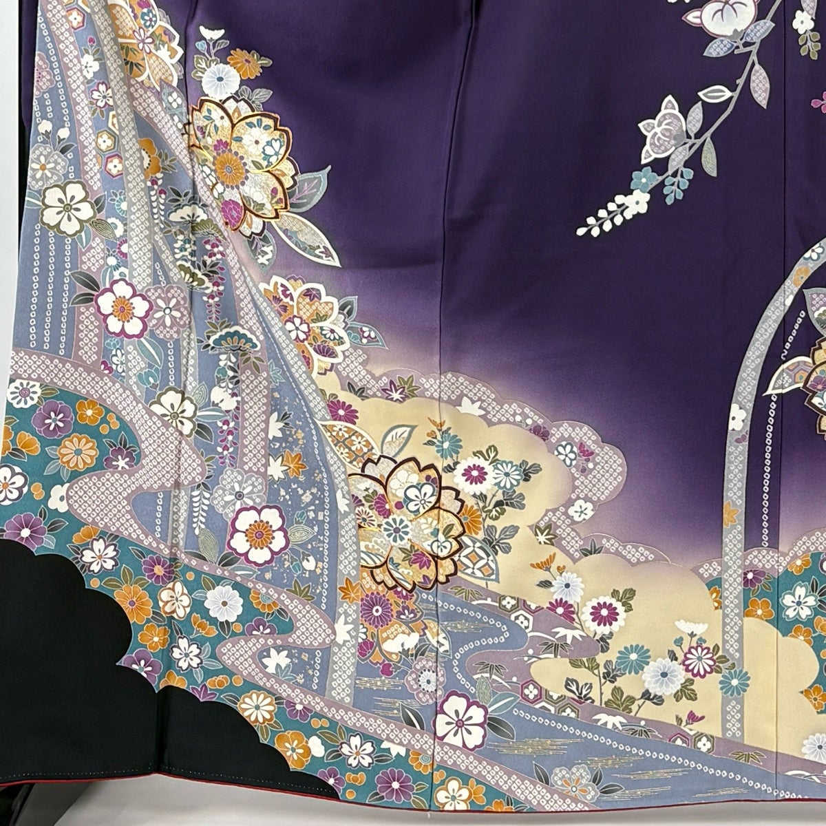 美品】 振袖 身丈167cm 裄丈67cm M 袷 桜 松梅 金糸 金銀彩 濃紫 正絹