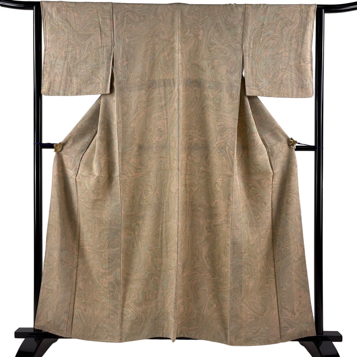 美品】 小紋 身丈161cm 裄丈64cm M 袷 墨流し 薄オレンジ 正絹 名品