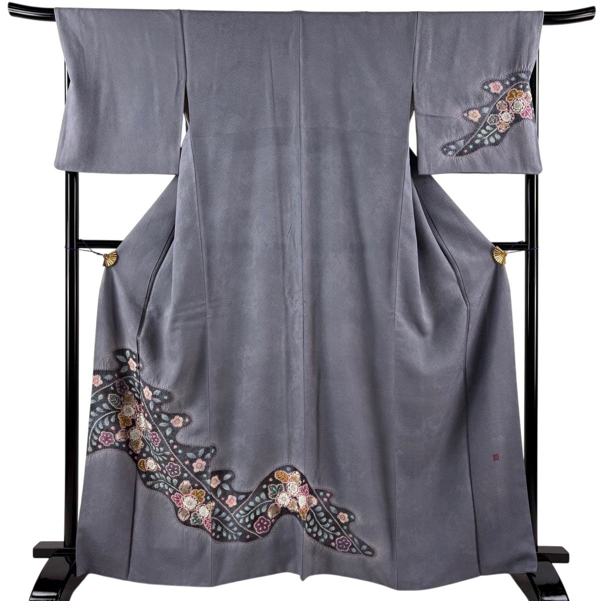 訪問着 身丈164.5cm 裄丈69.5cm L 袷 落款あり 菊 霞 絞り 灰色 正絹