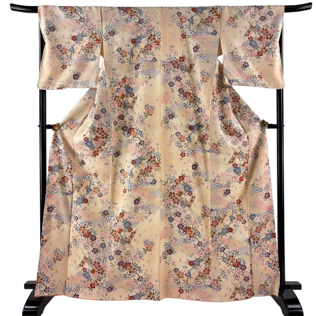 美品】 小紋 身丈166cm 裄丈67.5cm L 袷 鶴 桜 金銀彩 ベージュ 正絹