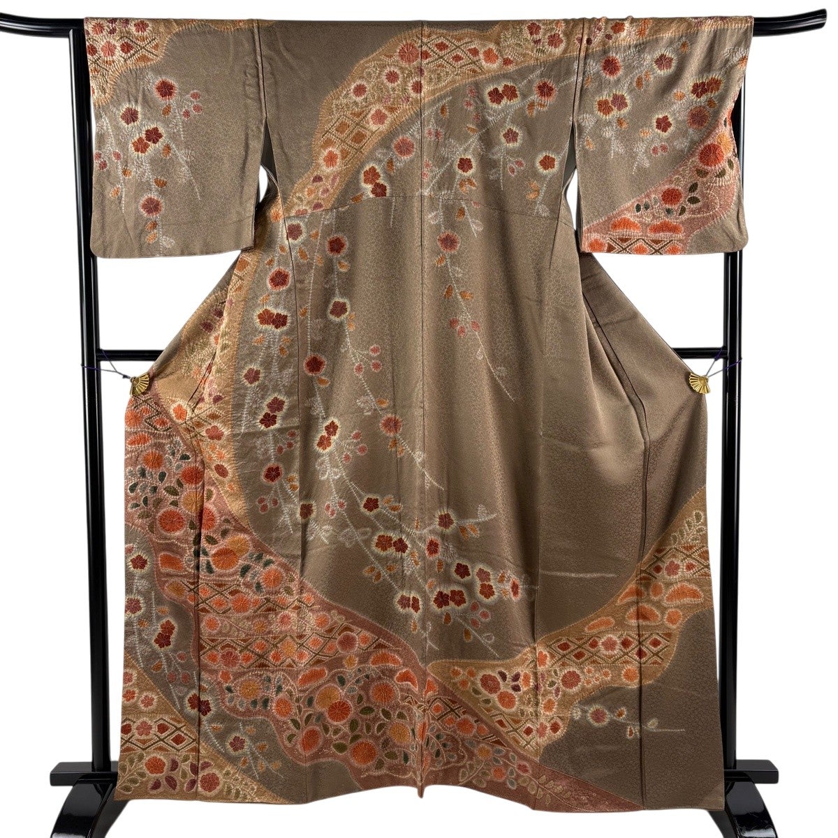 訪問着 身丈162.5cm 裄丈66cm M 袷 草花 菱 絞り 金彩 焦茶色 正絹