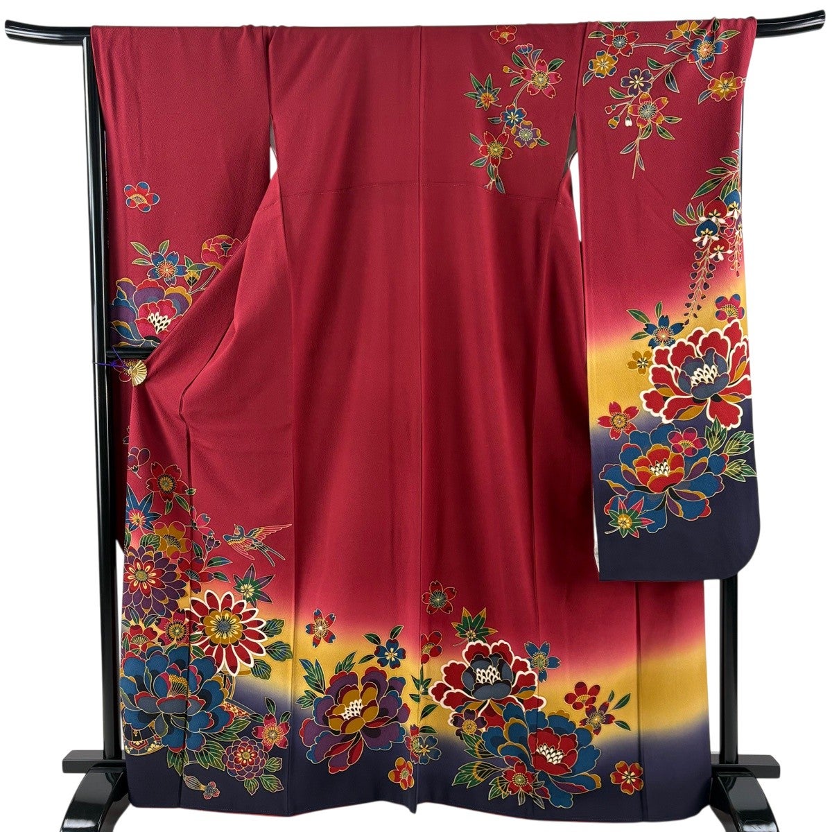 振袖 身丈167.5cm 裄丈68.5cm L 袷 花車 鳥 染め分け ぼかし えんじ色