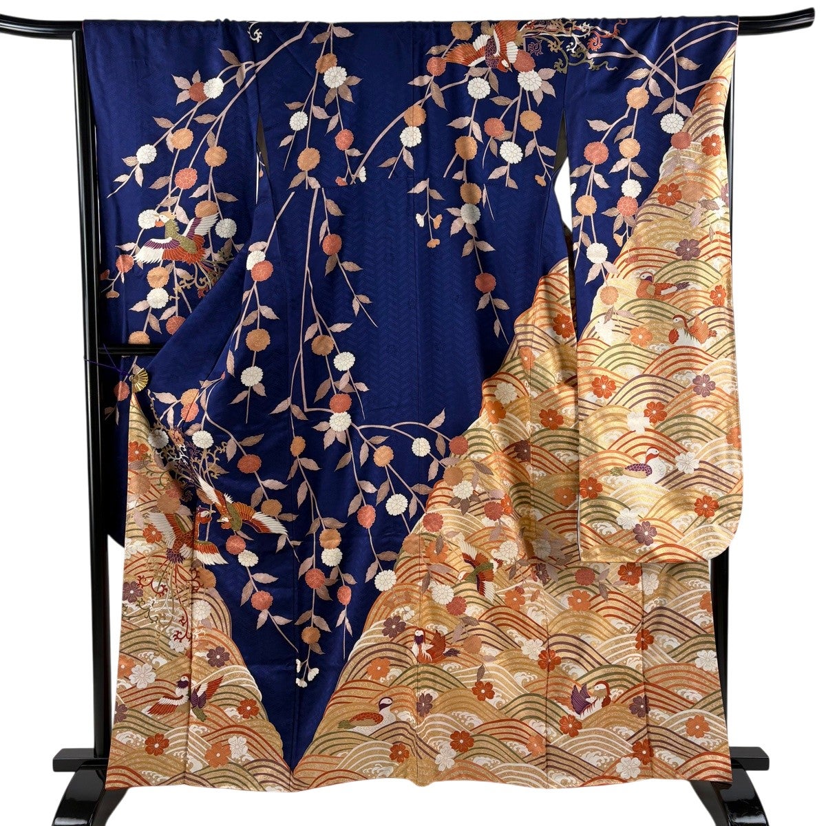 振袖 身丈164.5cm 裄丈67.5cm L 袷 花鳥 波 金糸 金彩 紺色 正絹 名品