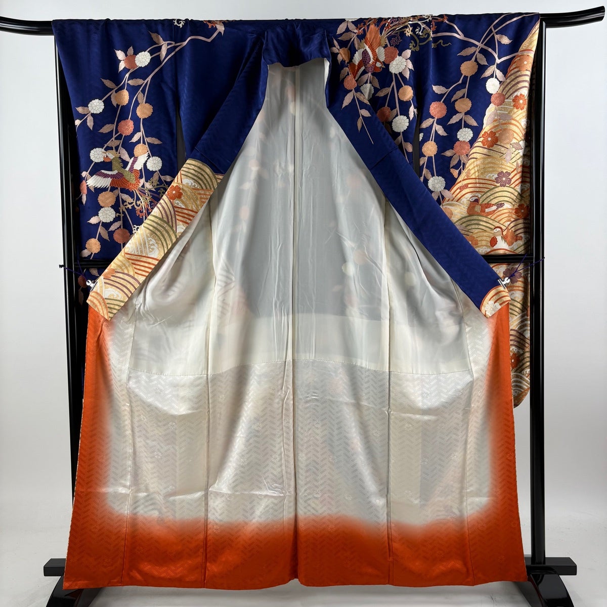 振袖 身丈164.5cm 裄丈67.5cm L 袷 花鳥 波 金糸 金彩 紺色 正絹 名品
