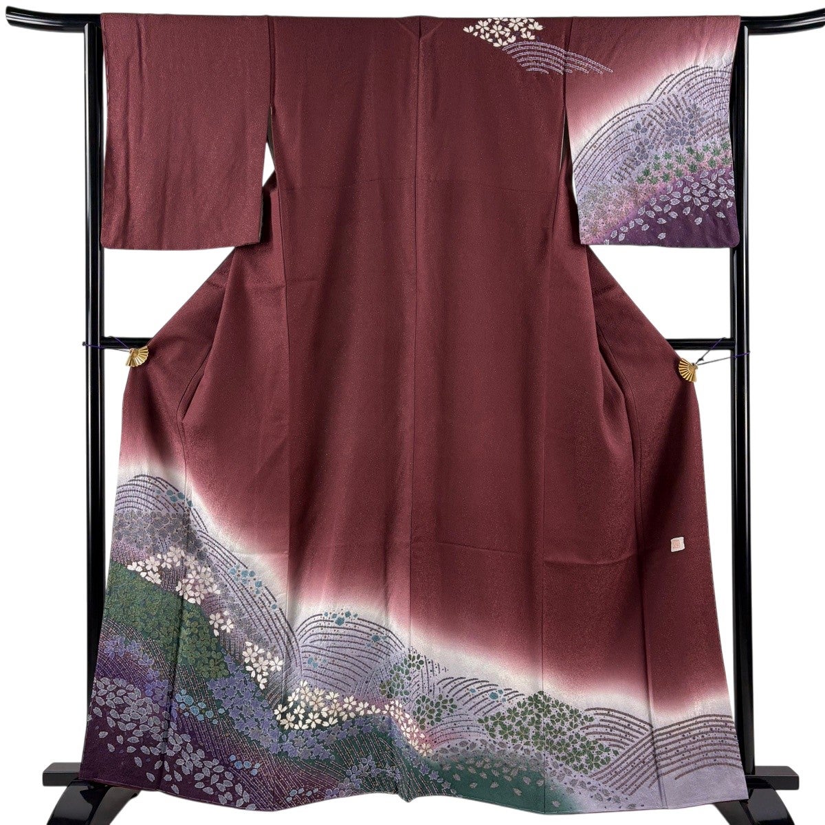 訪問着 身丈169cm 裄丈68cm L 袷 草花 ぼかし 金通し 紫 正絹 名品