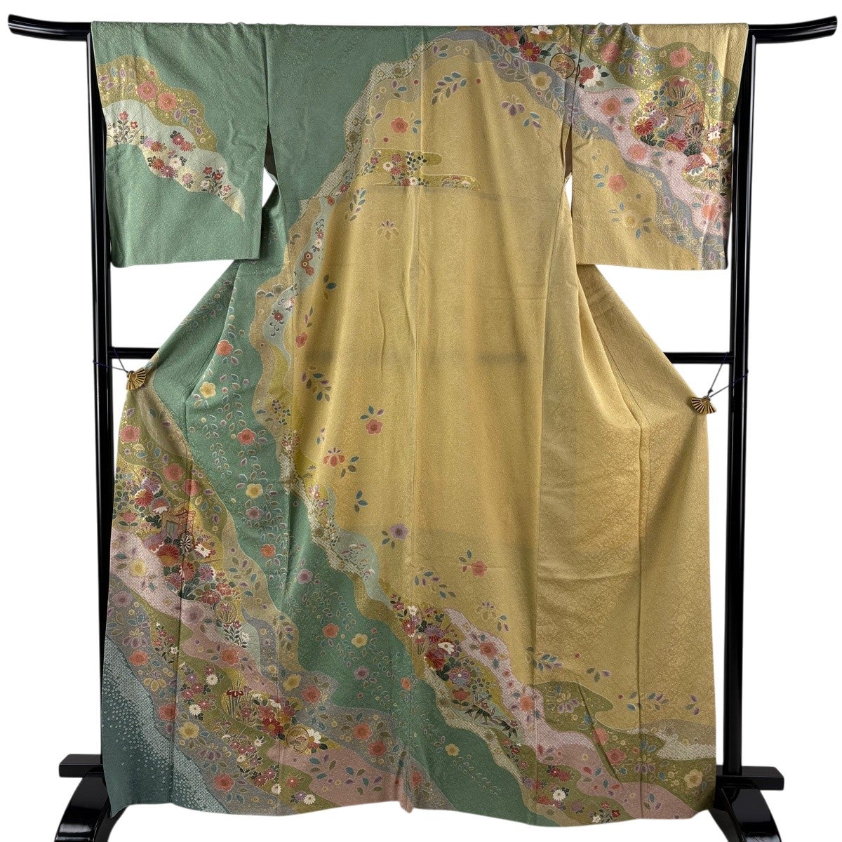 訪問着 身丈163.5cm 裄丈66.5cm M 袷 辻が花 ヱ霞 金彩 染め分け 薄緑