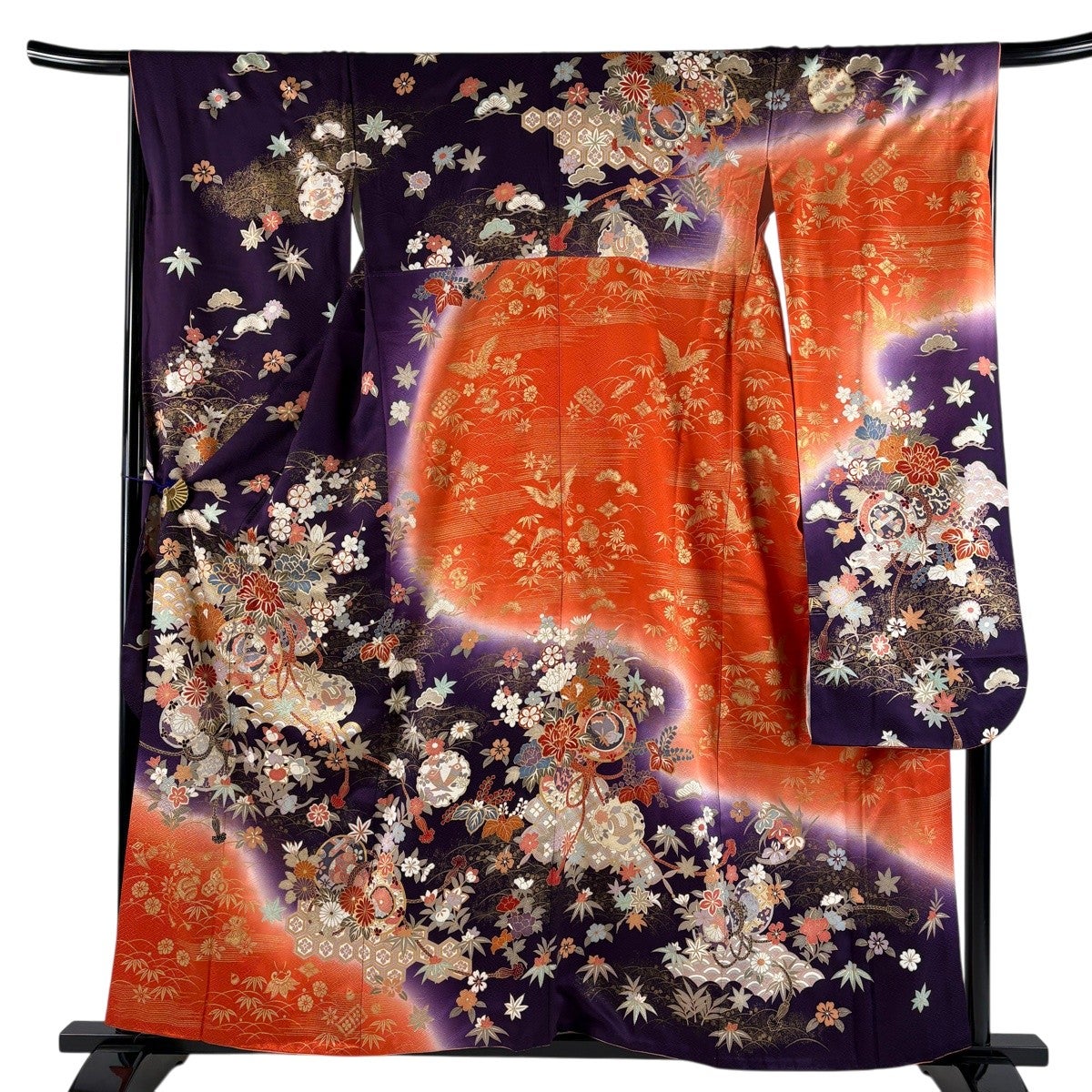 振袖 身丈158cm 裄丈67cm M 袷 鼓 松竹梅 金彩 ぼかし 紫 正絹 秀品