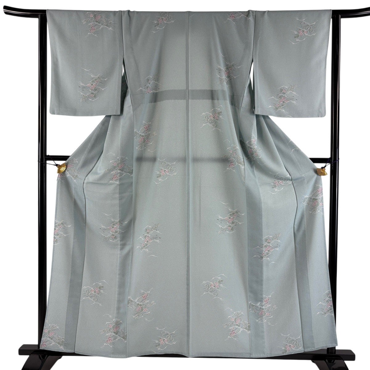 小紋 身丈159cm 裄丈64cm M 単衣 秋草文 波 水色 正絹 秀品｜中古