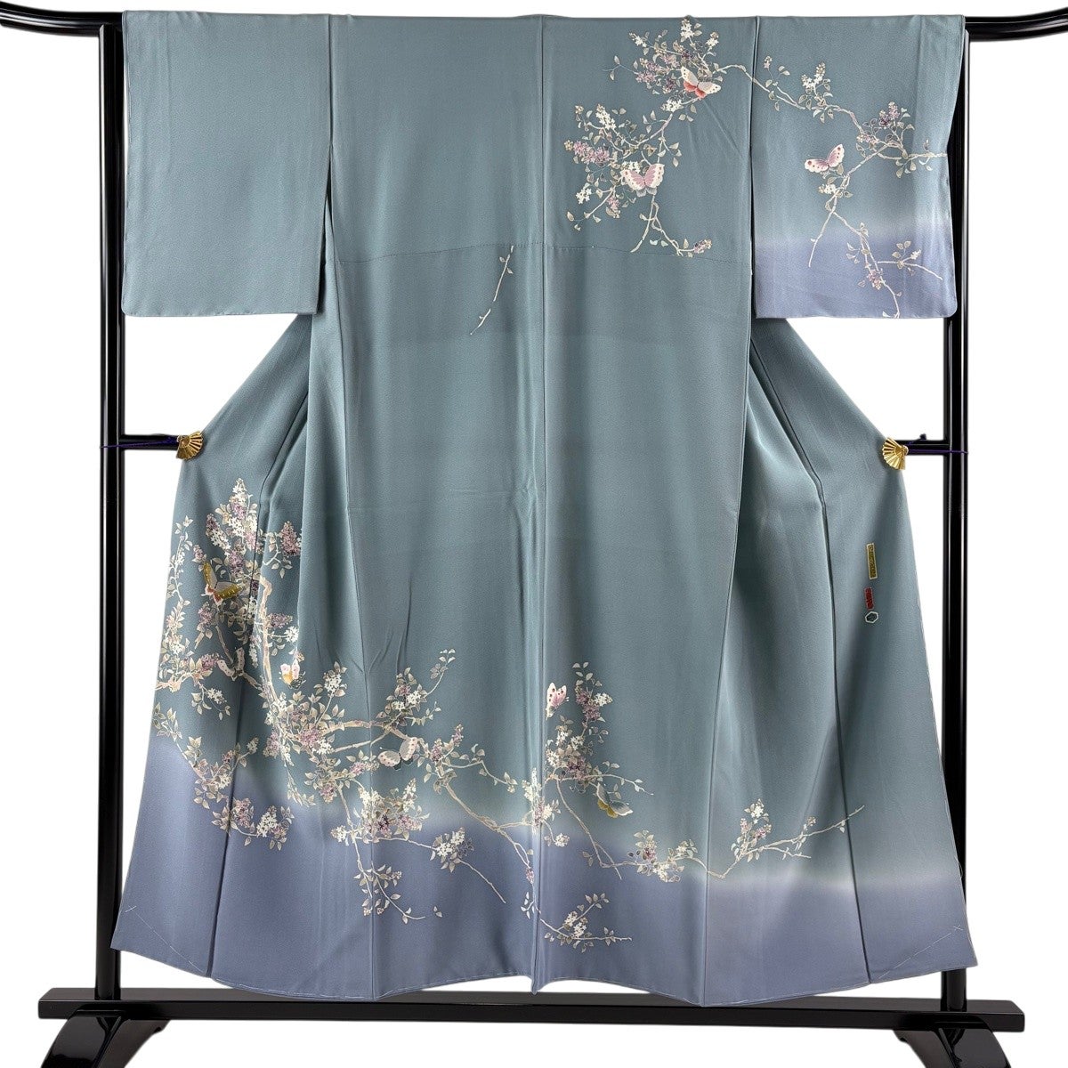 美品】 訪問着 身丈159cm 裄丈64cm M 袷 百貫石峰 落款あり 草花 灰緑