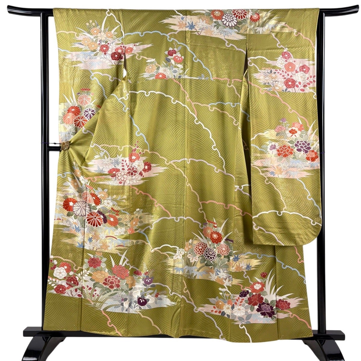 振袖 身丈159cm 裄丈62cm S 袷 菊 楓 金彩 抹茶色 正絹 秀品｜中古