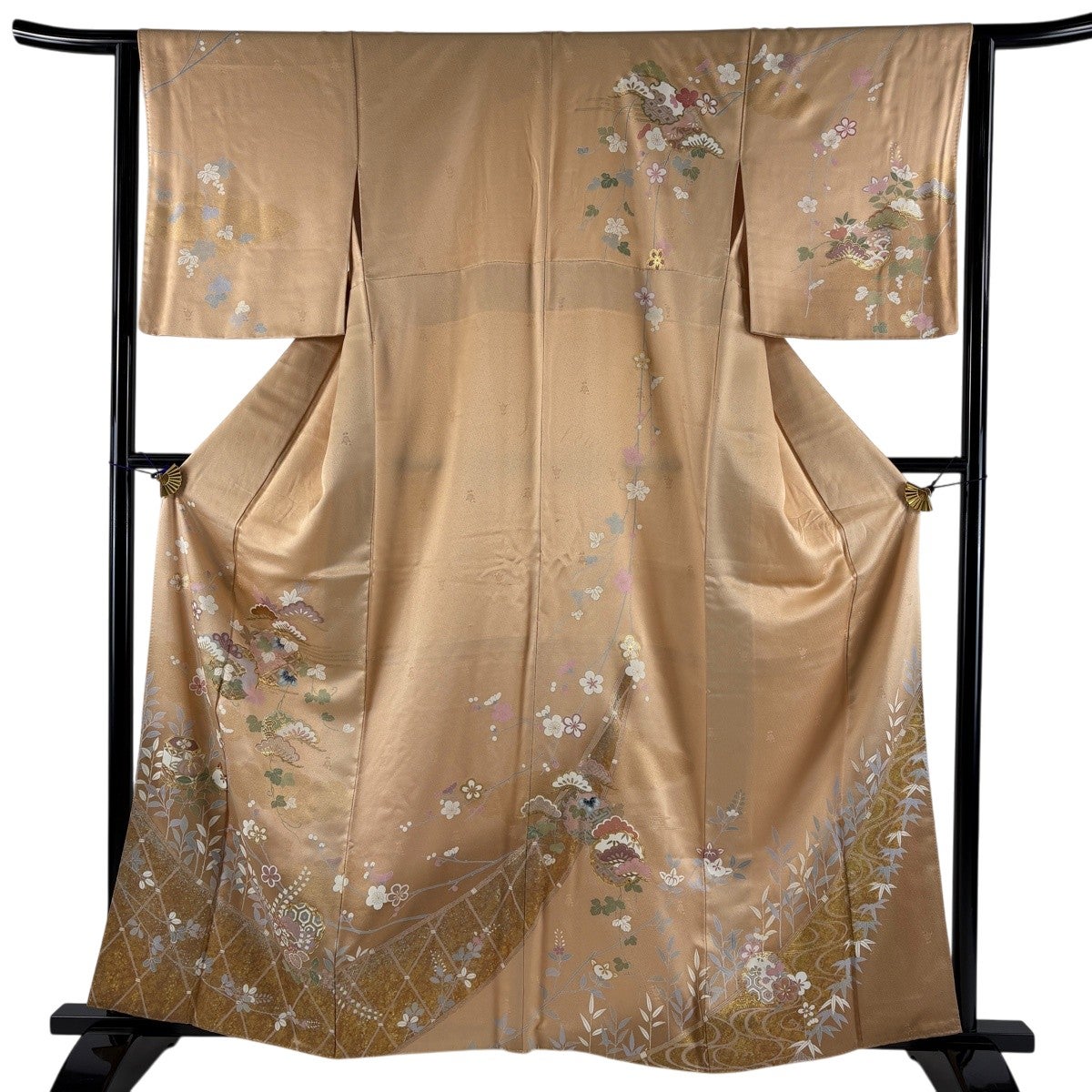 訪問着 身丈162cm 裄丈65cm M 袷 菊 雪輪 金彩 絞り 薄オレンジ 正絹