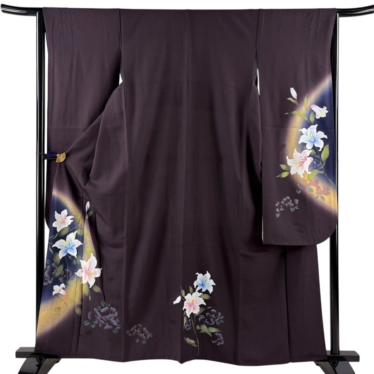 美品】 振袖 身丈160cm 裄丈66cm M 袷 草花 ぼかし 濃紫 正絹 秀品