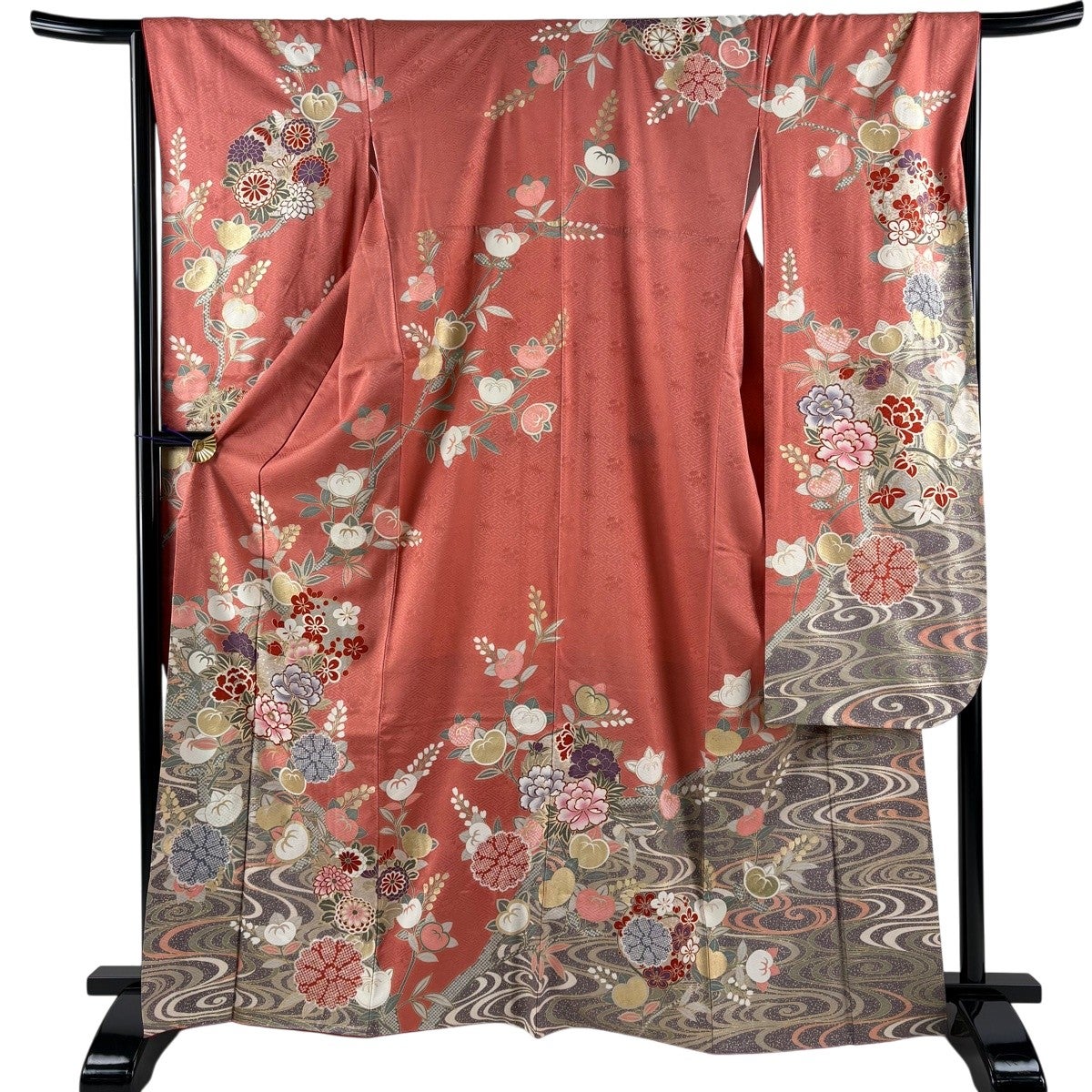 振袖 身丈162.5cm 裄丈66.5cm M 袷 菊 花 絞り 金彩 朱色 正絹 名品