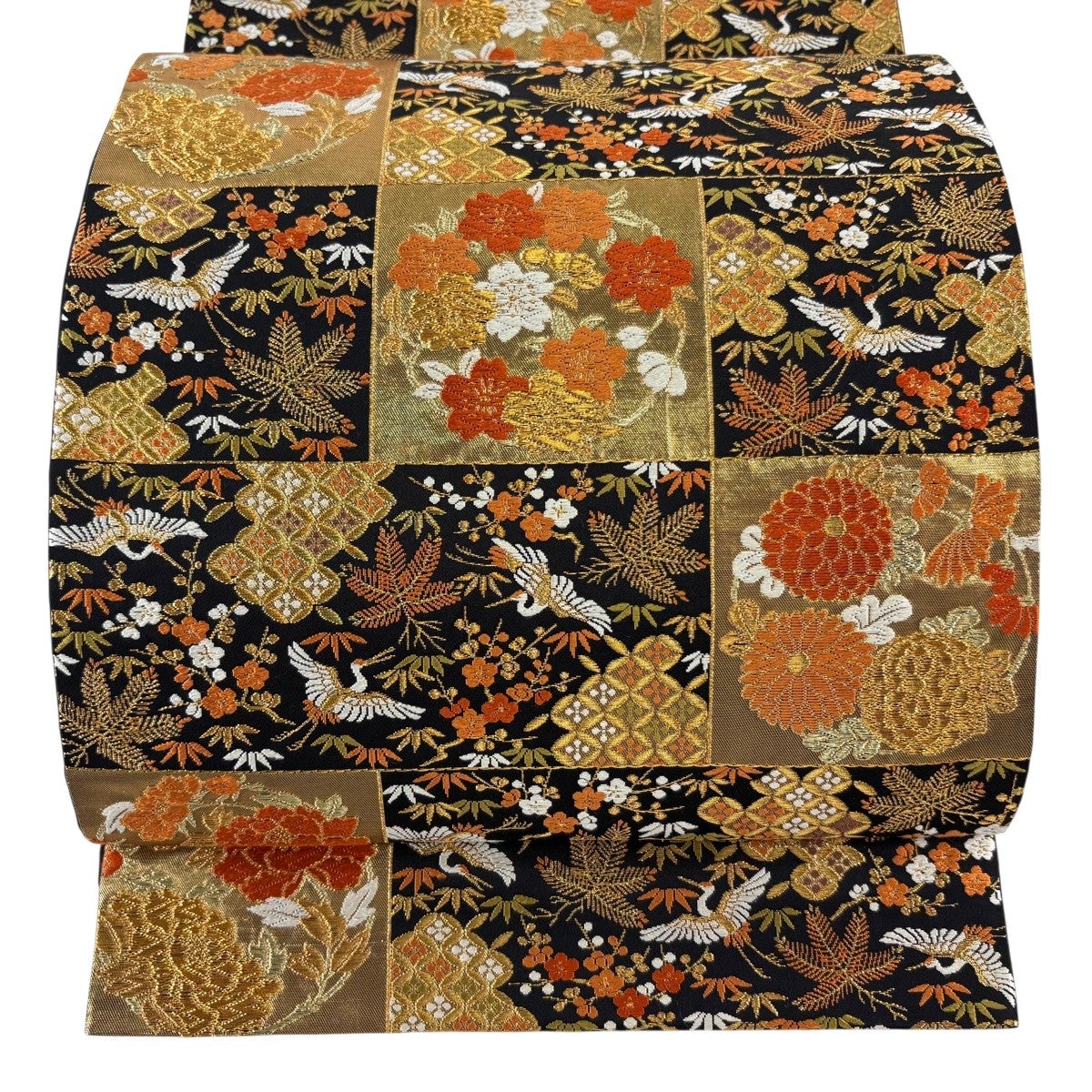 美品】 袋帯 逸品 河合美術織物 落款あり 花菱 斜め格子 金糸 箔