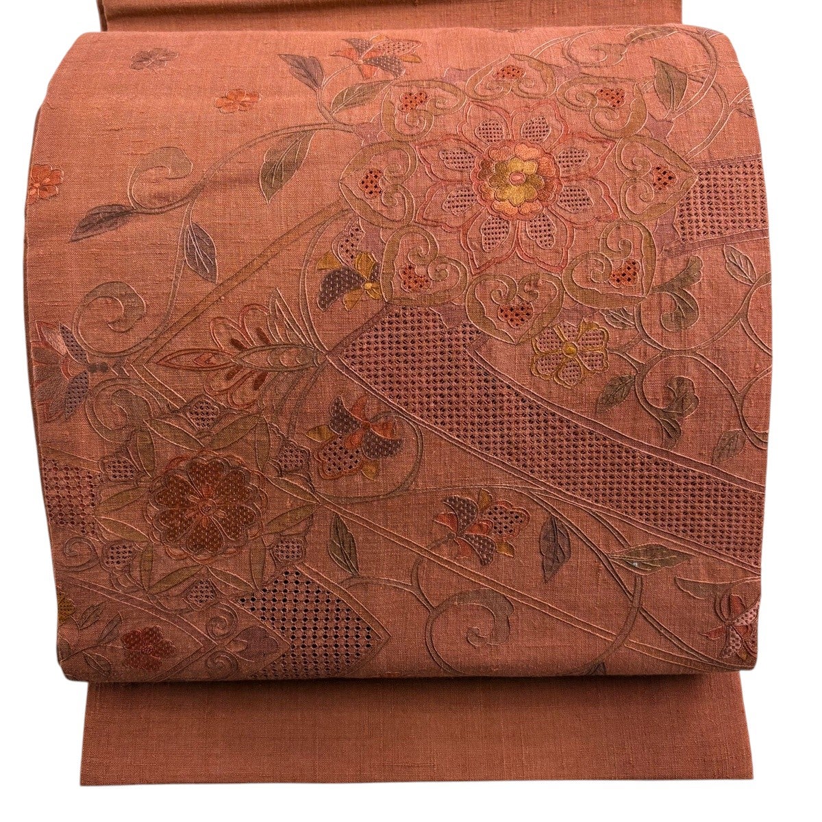 美品】 袋帯 秀品 紬地 花鳥 刺繍 えんじ色 お太鼓柄 正絹｜中古・古着