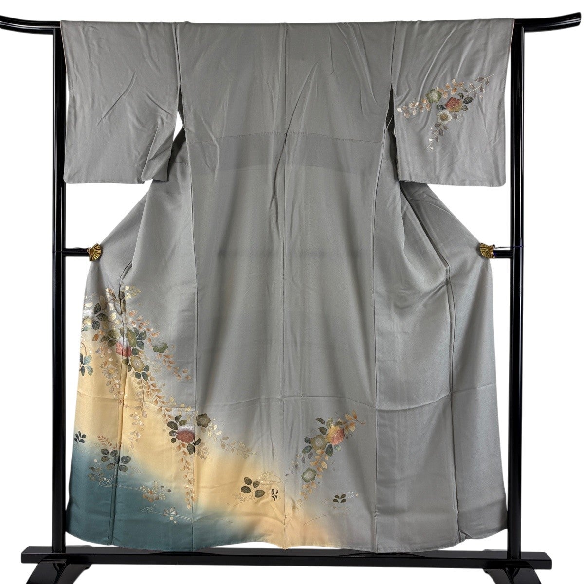訪問着 身丈154cm 裄丈64cm M 袷 草花 流水 螺鈿 金銀彩 灰色 正絹 秀