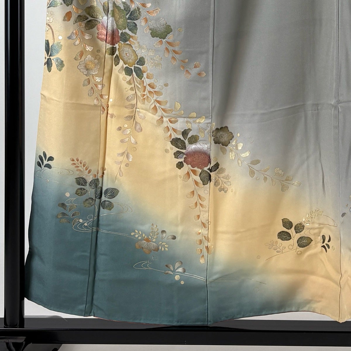 訪問着 身丈154cm 裄丈64cm M 袷 草花 流水 螺鈿 金銀彩 灰色 正絹 秀