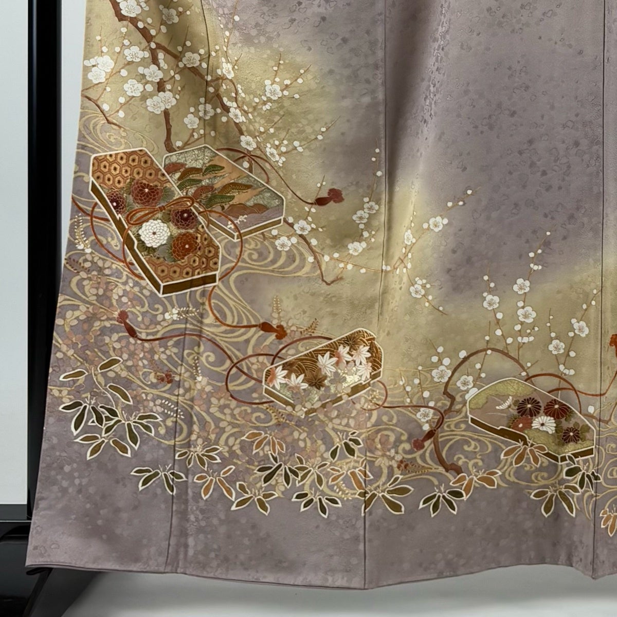 訪問着 身丈162.5cm 裄丈66cm M 袷 文箱 枝梅 金彩 ぼかし 灰紫 正絹