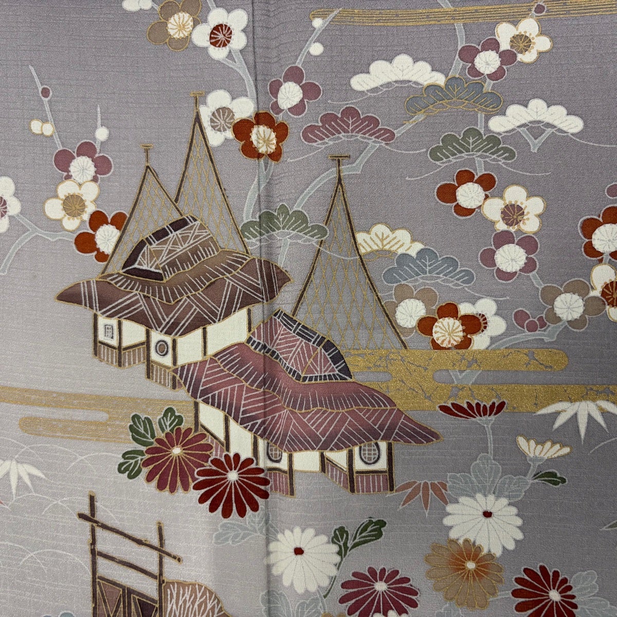 訪問着 身丈157.5cm 裄丈63cm S 袷 松竹梅 金彩 ぼかし 灰紫 正絹 秀品