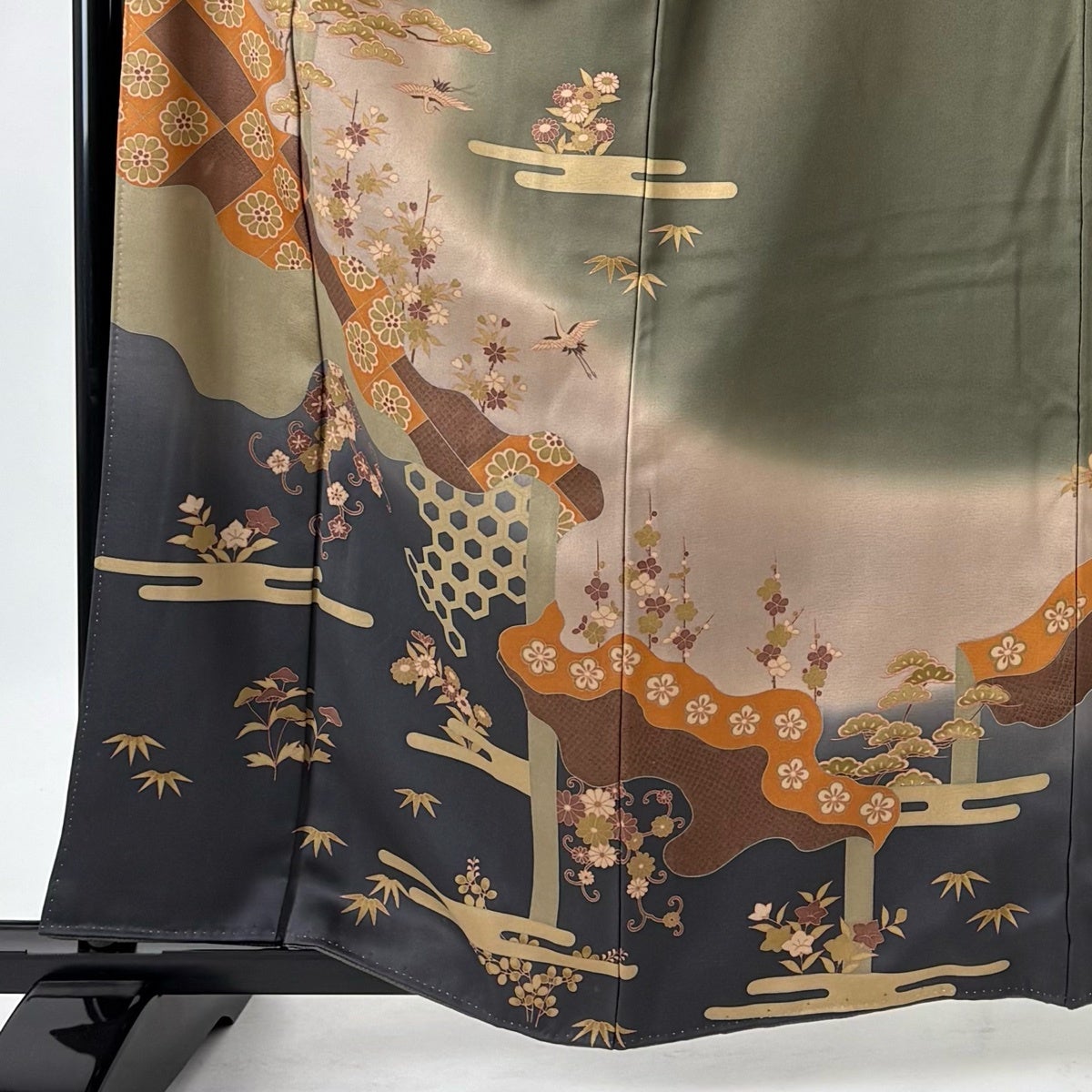 訪問着 身丈159.5cm 裄丈66.5cm M 袷 鶴 松竹梅 染め分け ぼかし 茶