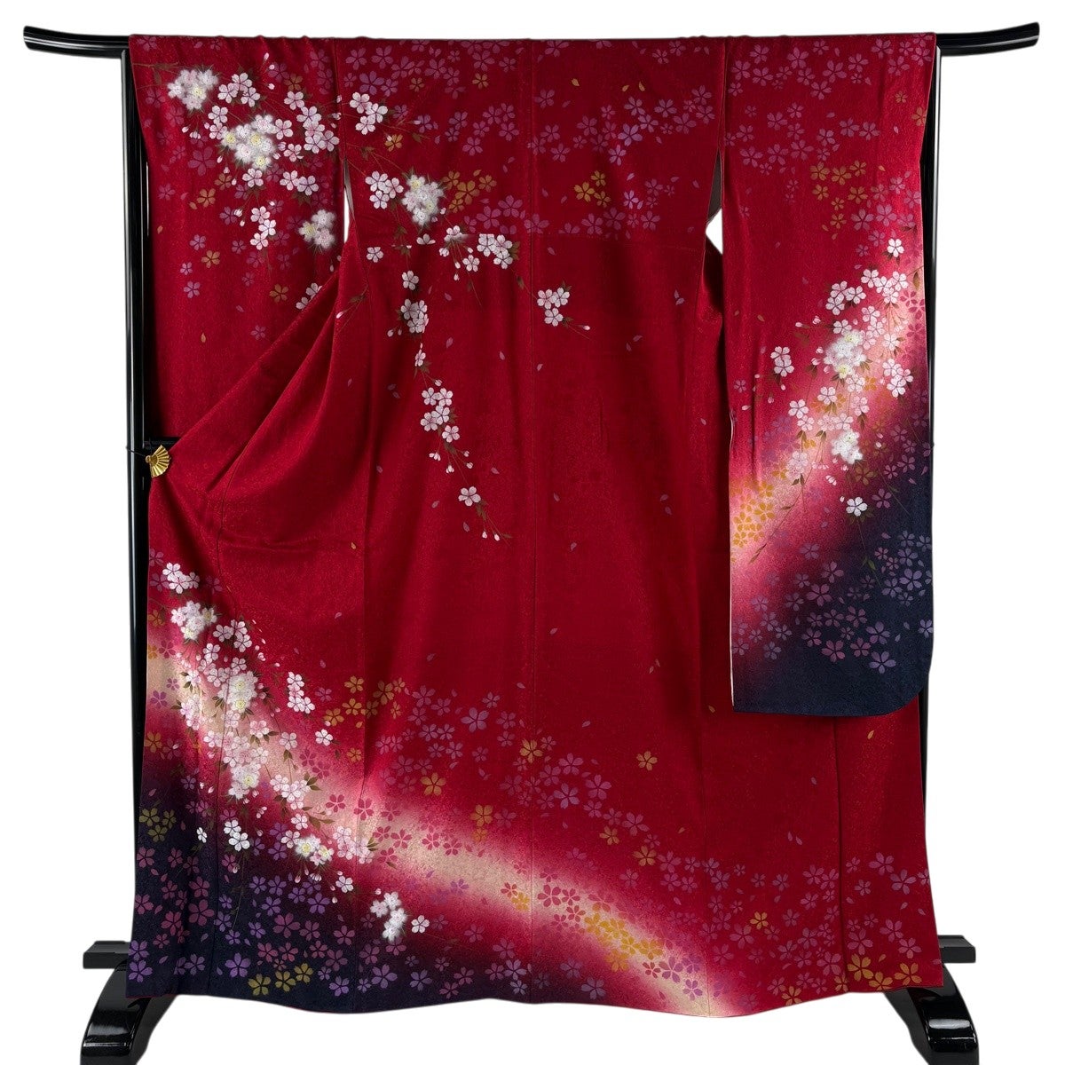美品】 袋帯 秀品 枝垂れ桜 波 金銀糸 箔 赤 六通 正絹｜中古・古着