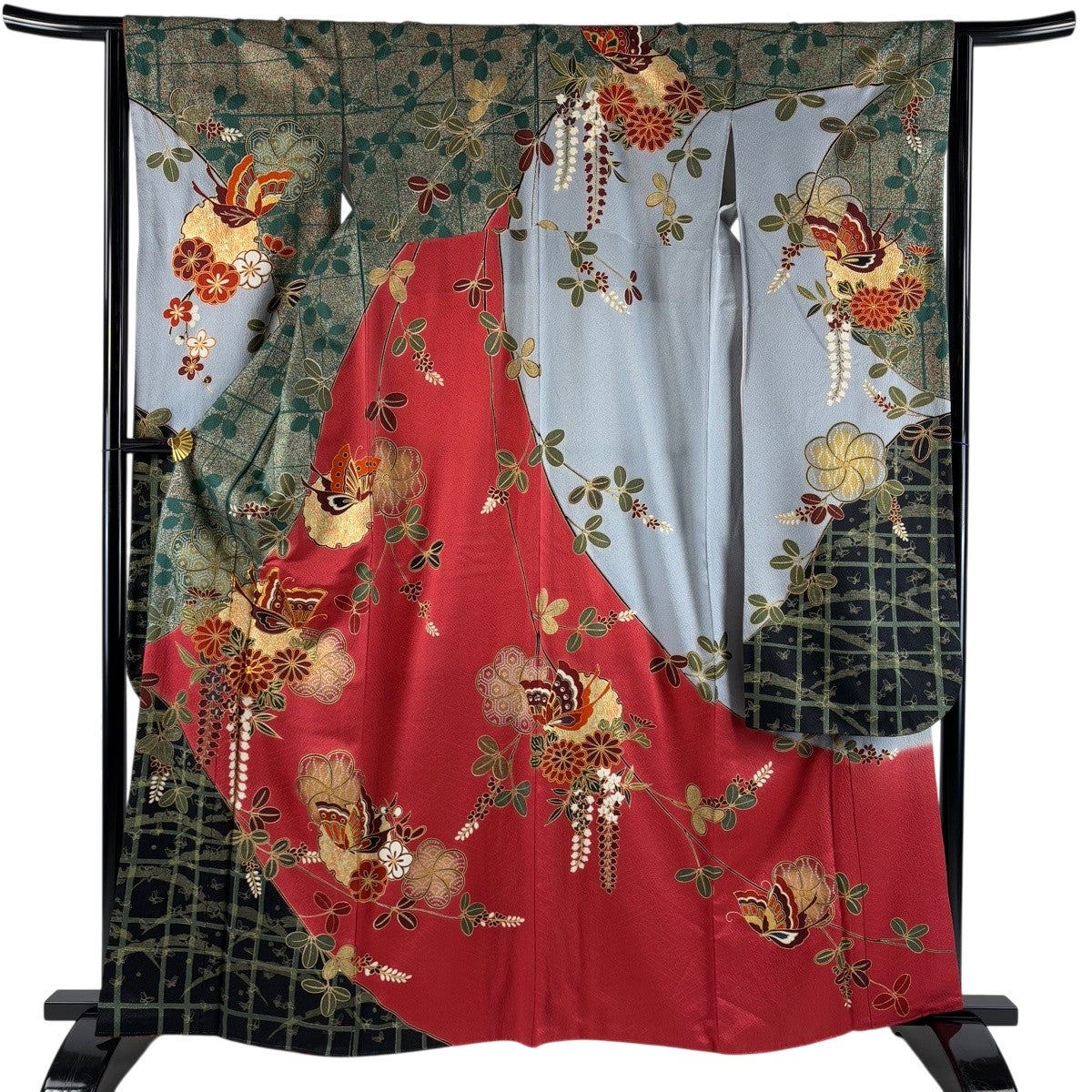 振袖 身丈163cm 裄丈65cm M 袷 蝶 草花 金銀糸 金彩 緑 正絹 秀品