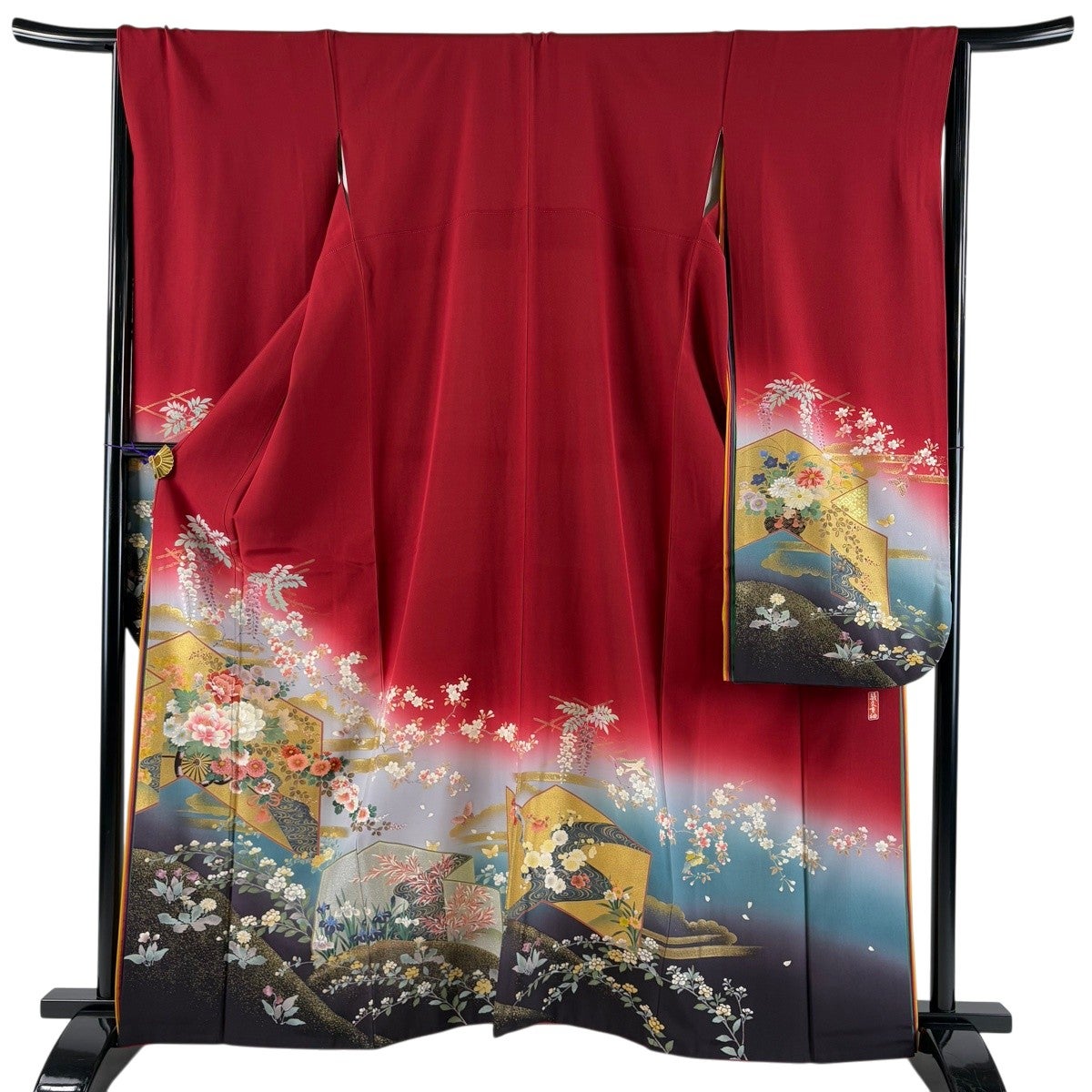 振袖 身丈162cm 裄丈65cm M 袷 花車 藤 金彩 ぼかし 赤 正絹 秀品