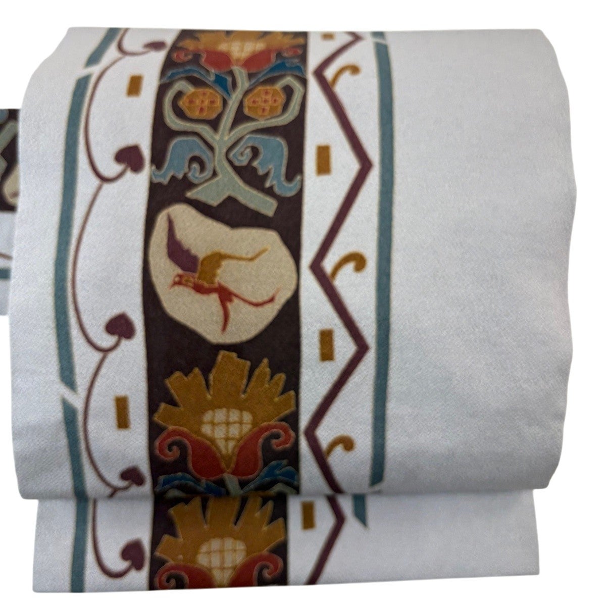 名古屋帯 秀品 花鳥 幾何学模様 縮緬 灰色 正絹｜中古・古着