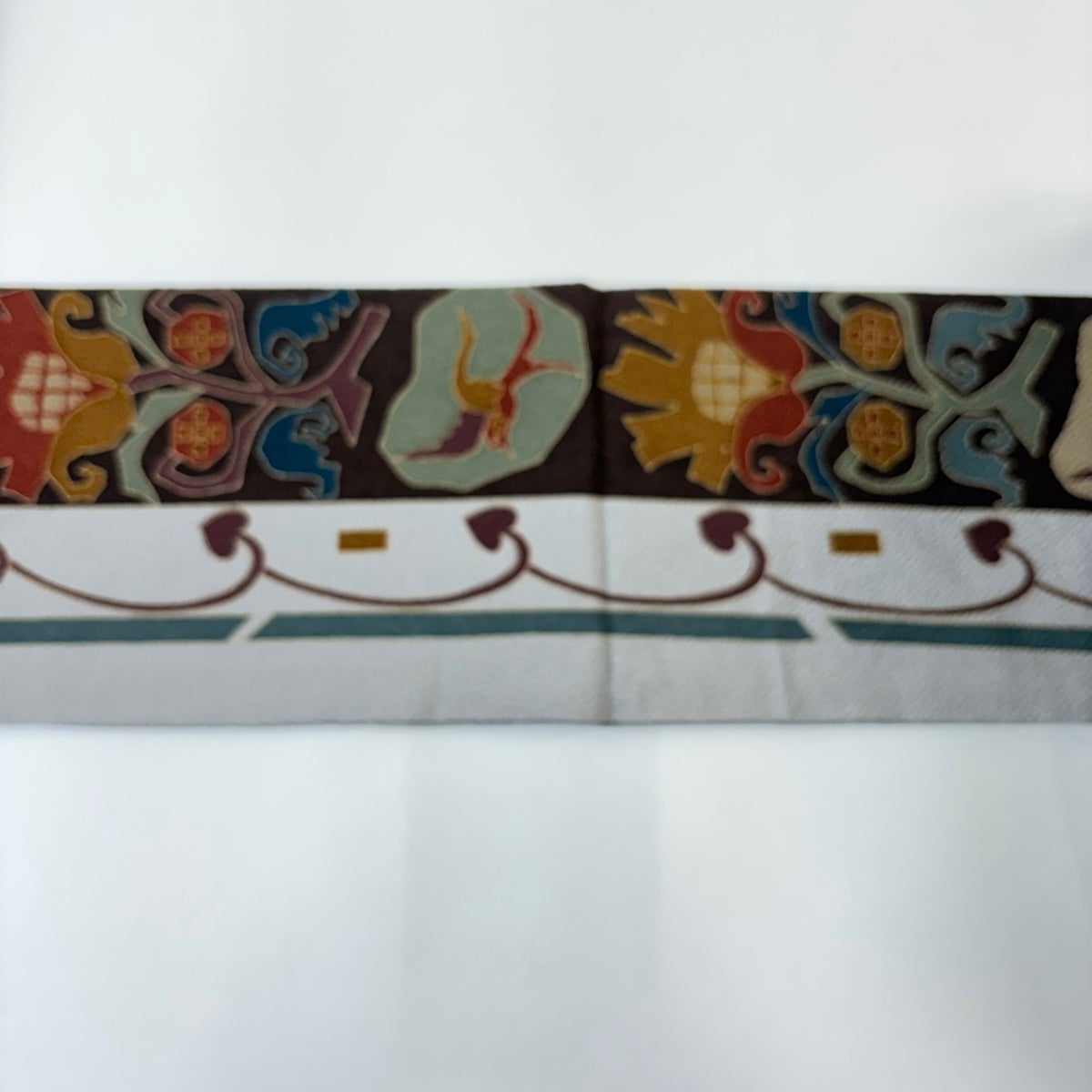 名古屋帯 秀品 花鳥 幾何学模様 縮緬 灰色 正絹｜中古・古着