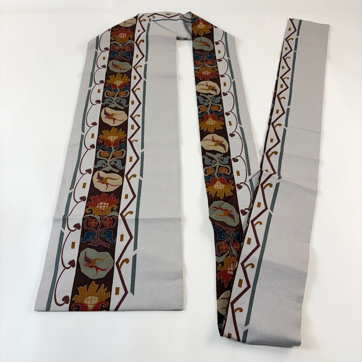 名古屋帯 秀品 花鳥 幾何学模様 縮緬 灰色 正絹｜中古・古着