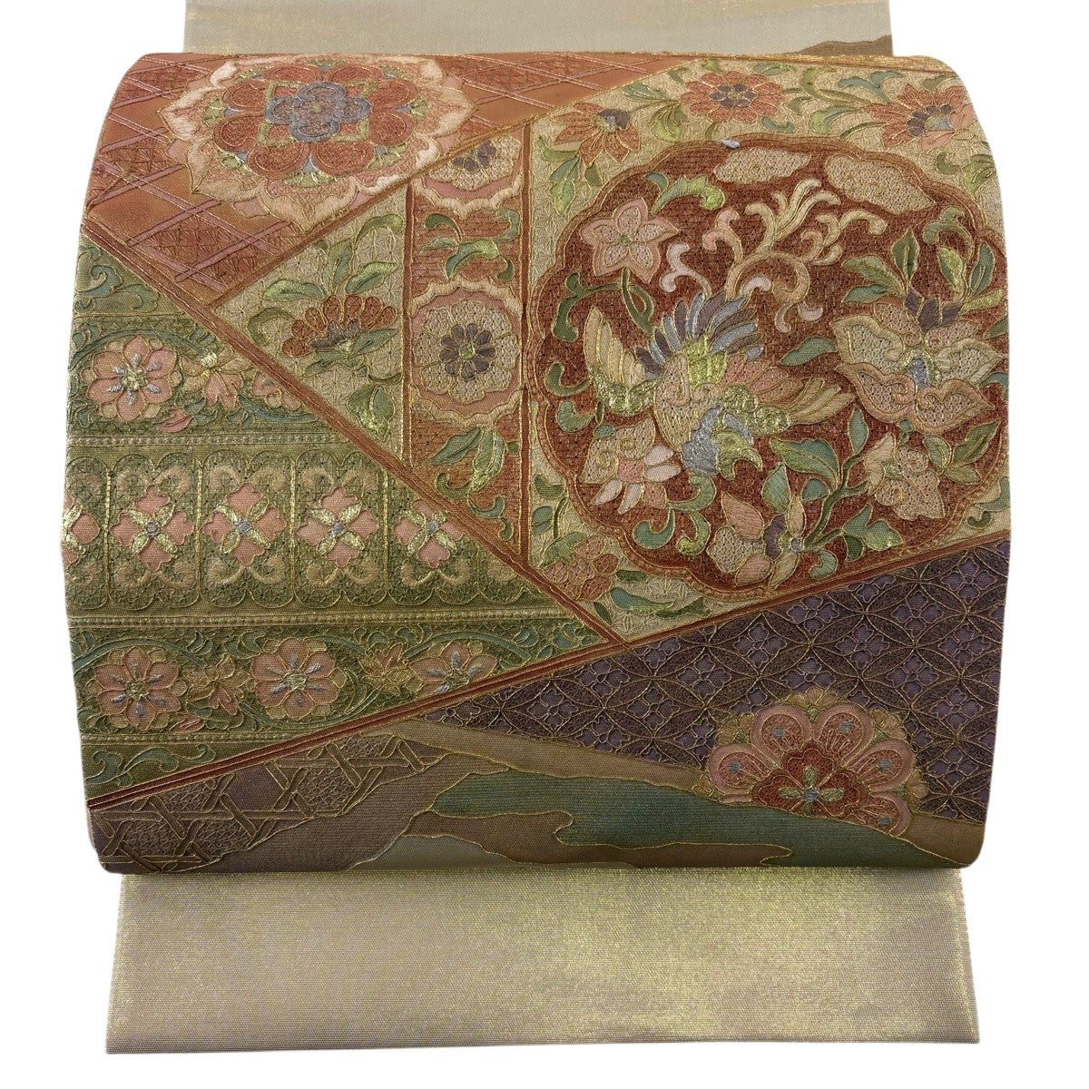 美品】 袋帯 秀品 華文 七宝 刺繍 本金箔 金色 お太鼓柄 正絹|中古 美品】 袋帯 秀品 華文 七宝 刺繍 本金箔 金色 お太鼓柄 正絹|中古