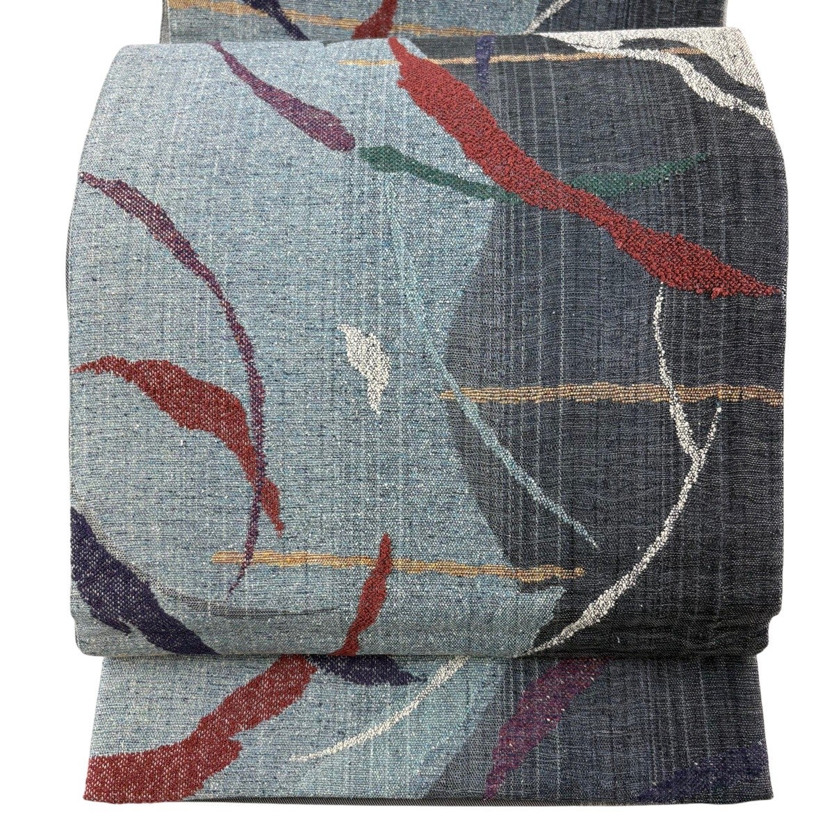 美品】 袋帯 秀品 紬地 幾何学模様 灰緑 六通 正絹｜中古・古着