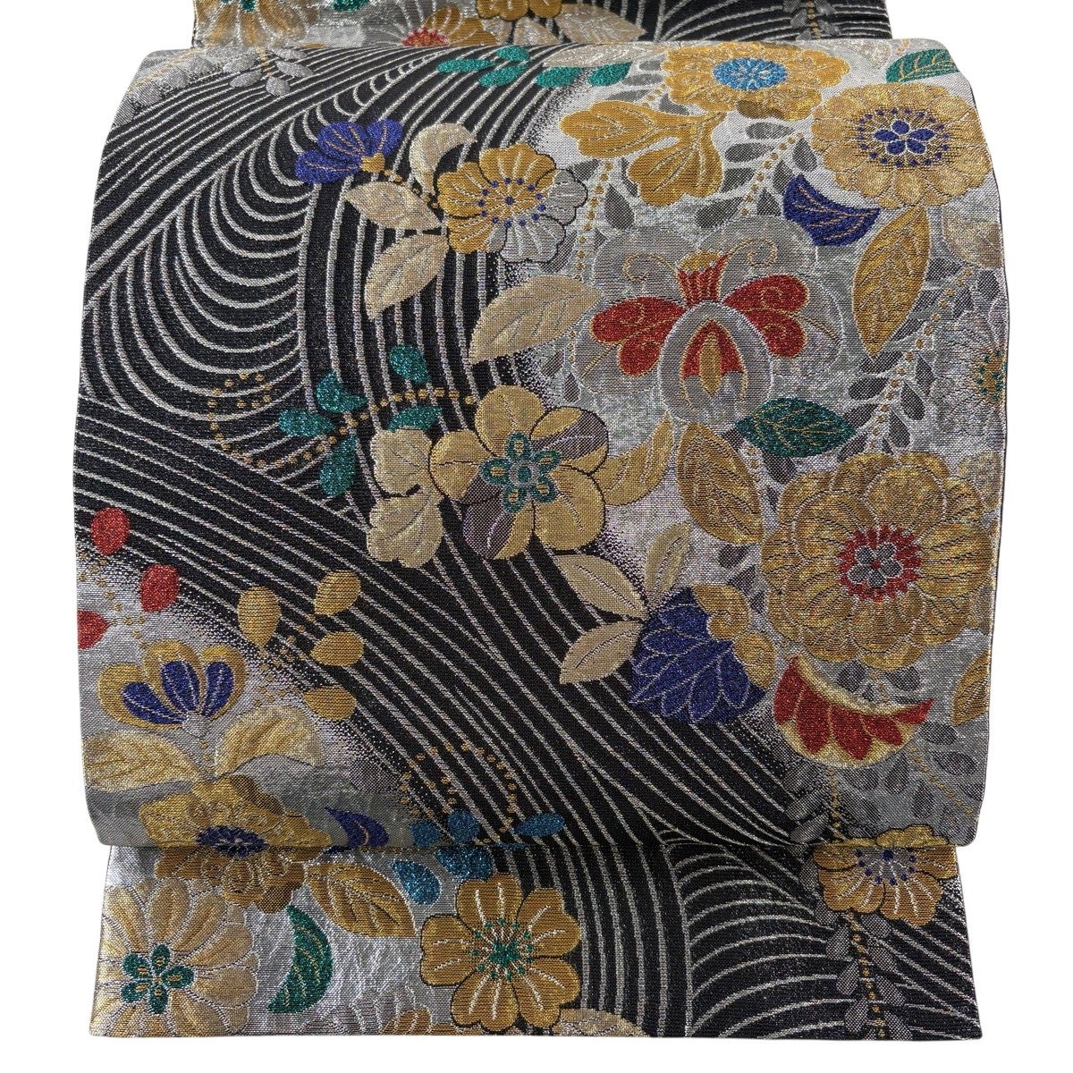 袋帯 秀品 辻が花柄 流水 金銀糸 箔 黒 六通 正絹｜中古・古着
