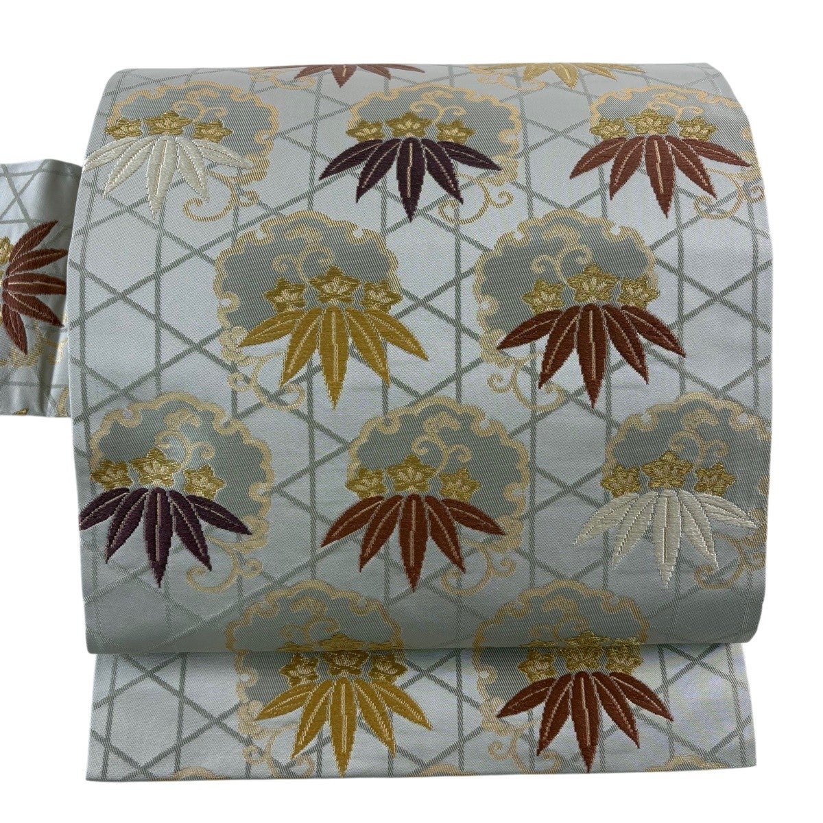 最終価格】 73%OFF 【美品】 名古屋帯 名品 雪輪笹青海波 唐織 箔 灰茶